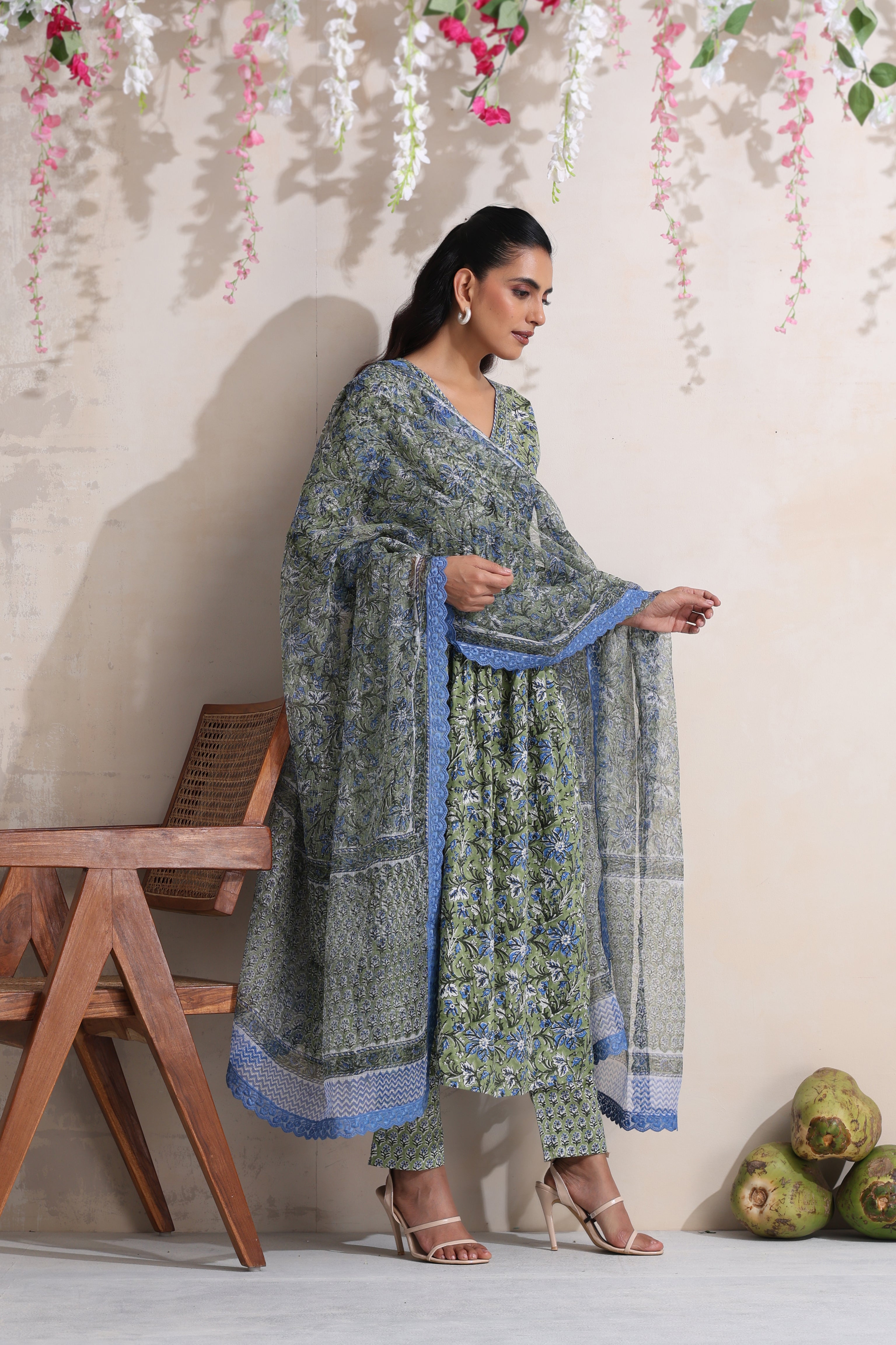 Green Gemma Gathered Kurta Set of 3