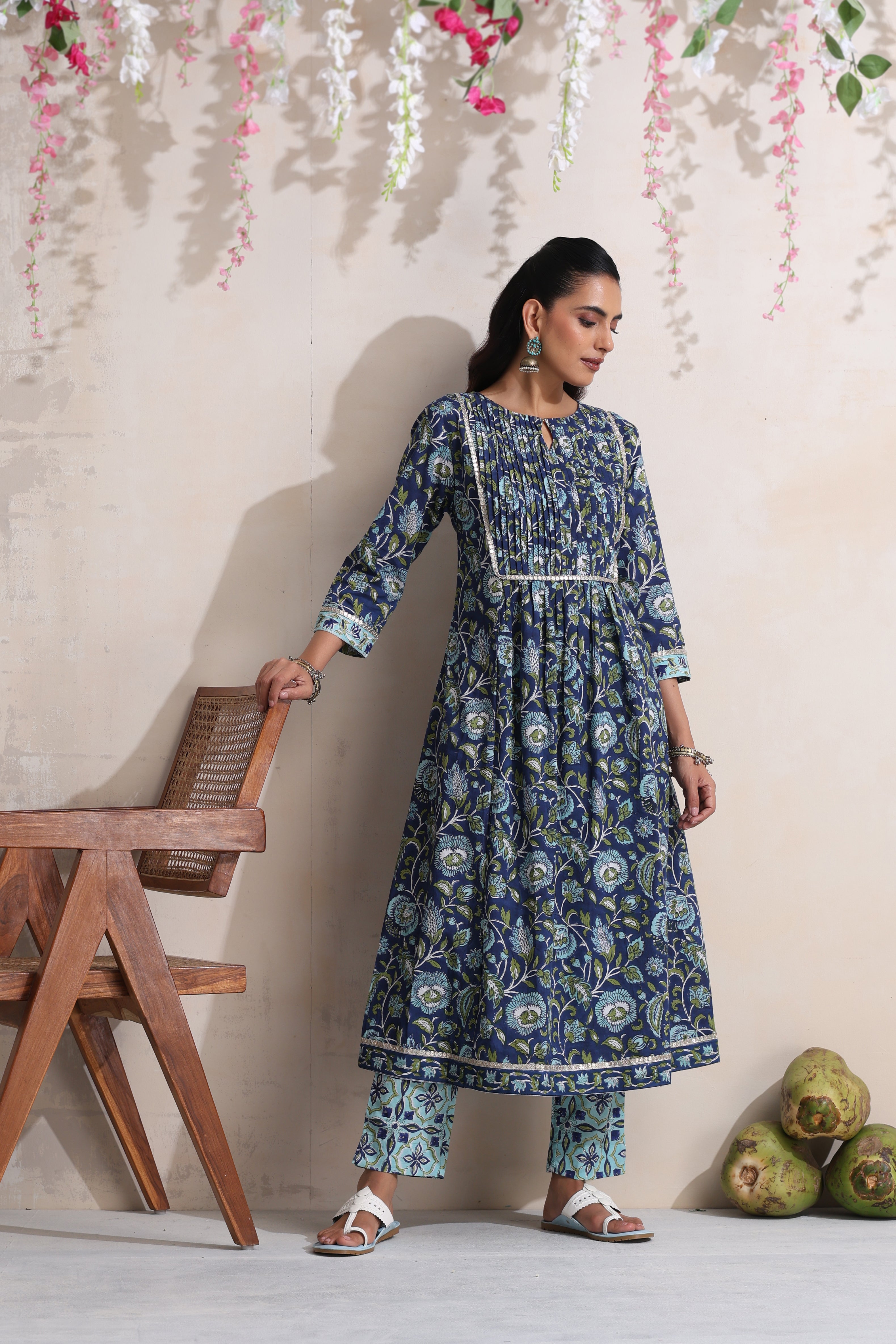 Blue Krista Pintucks Gathered Kurta Set of 3