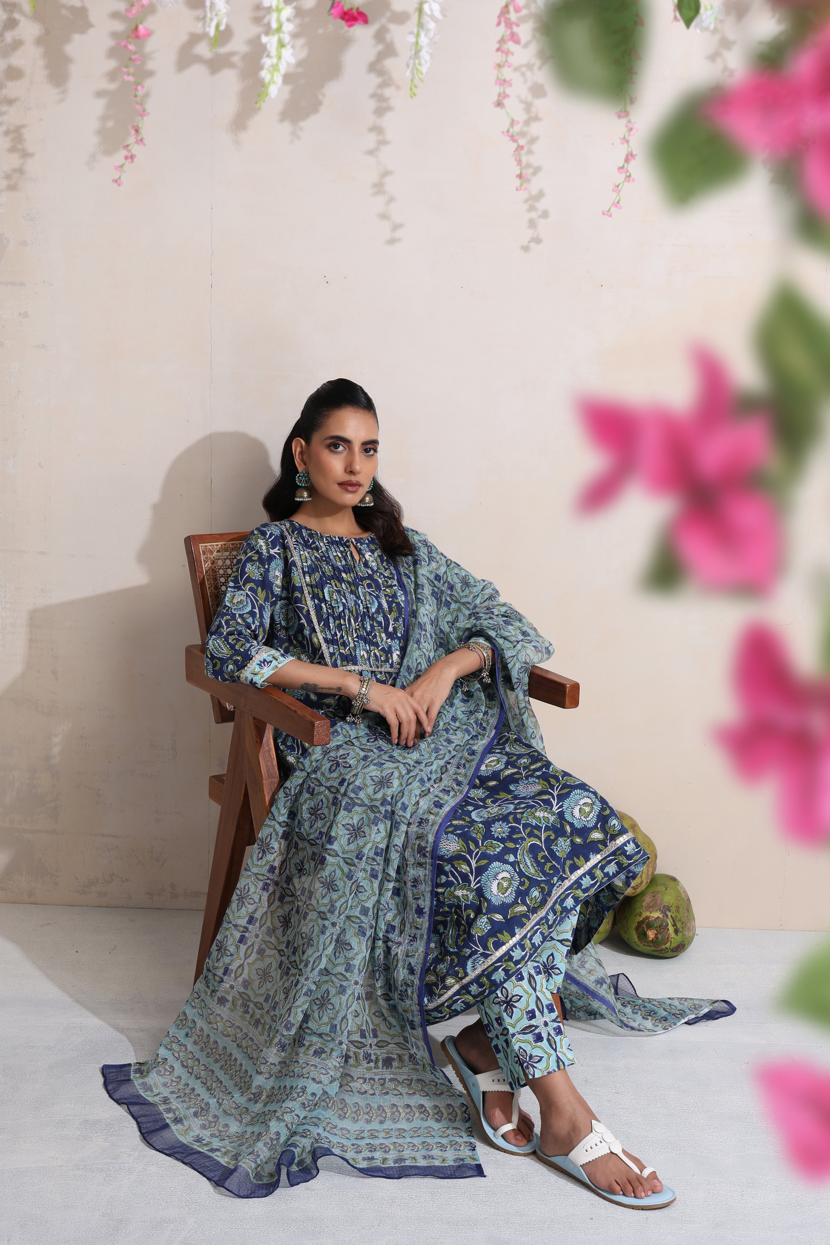 Blue Krista Pintucks Gathered Kurta Set of 3