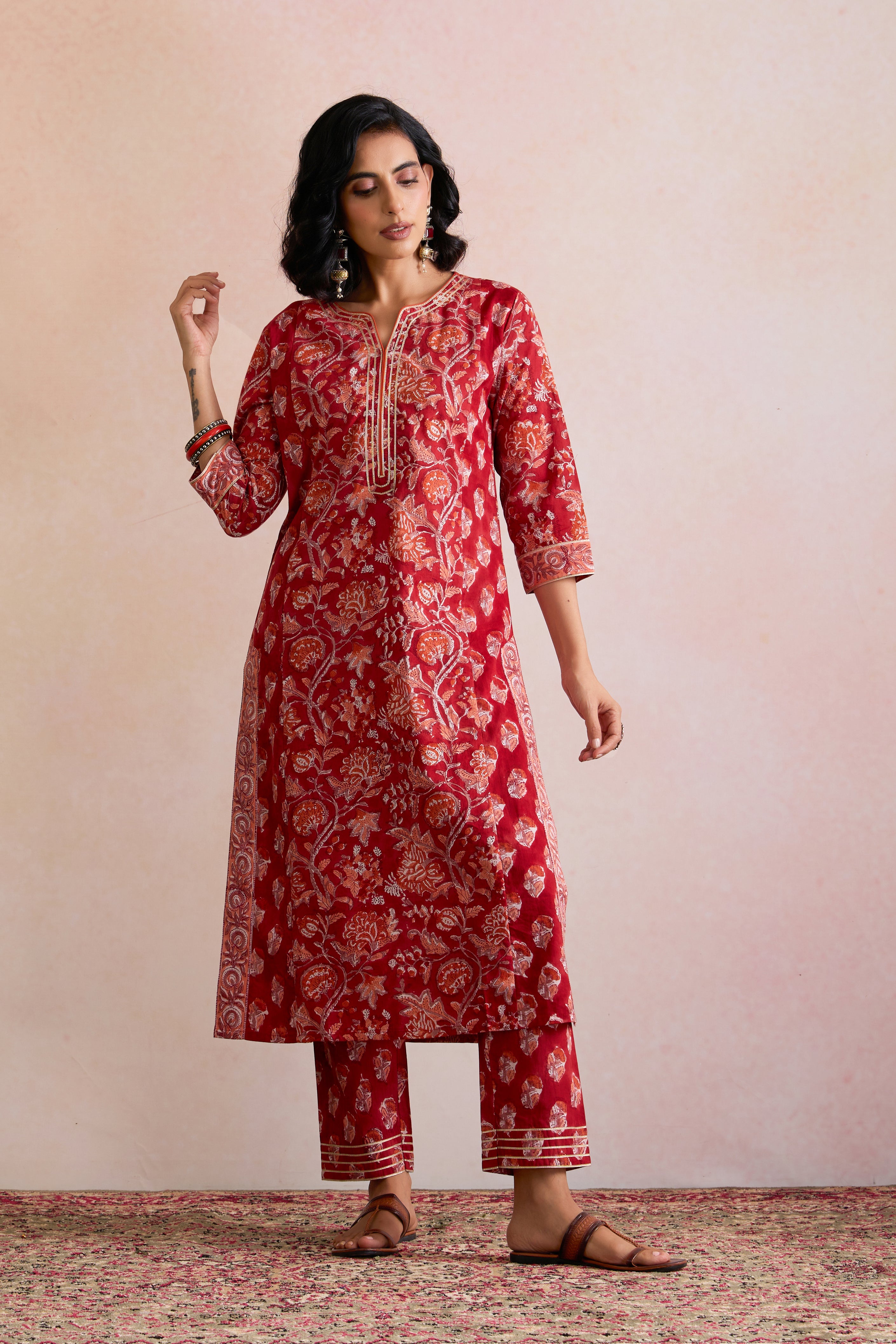 Red Rebecca Floral Kurta Set of 3