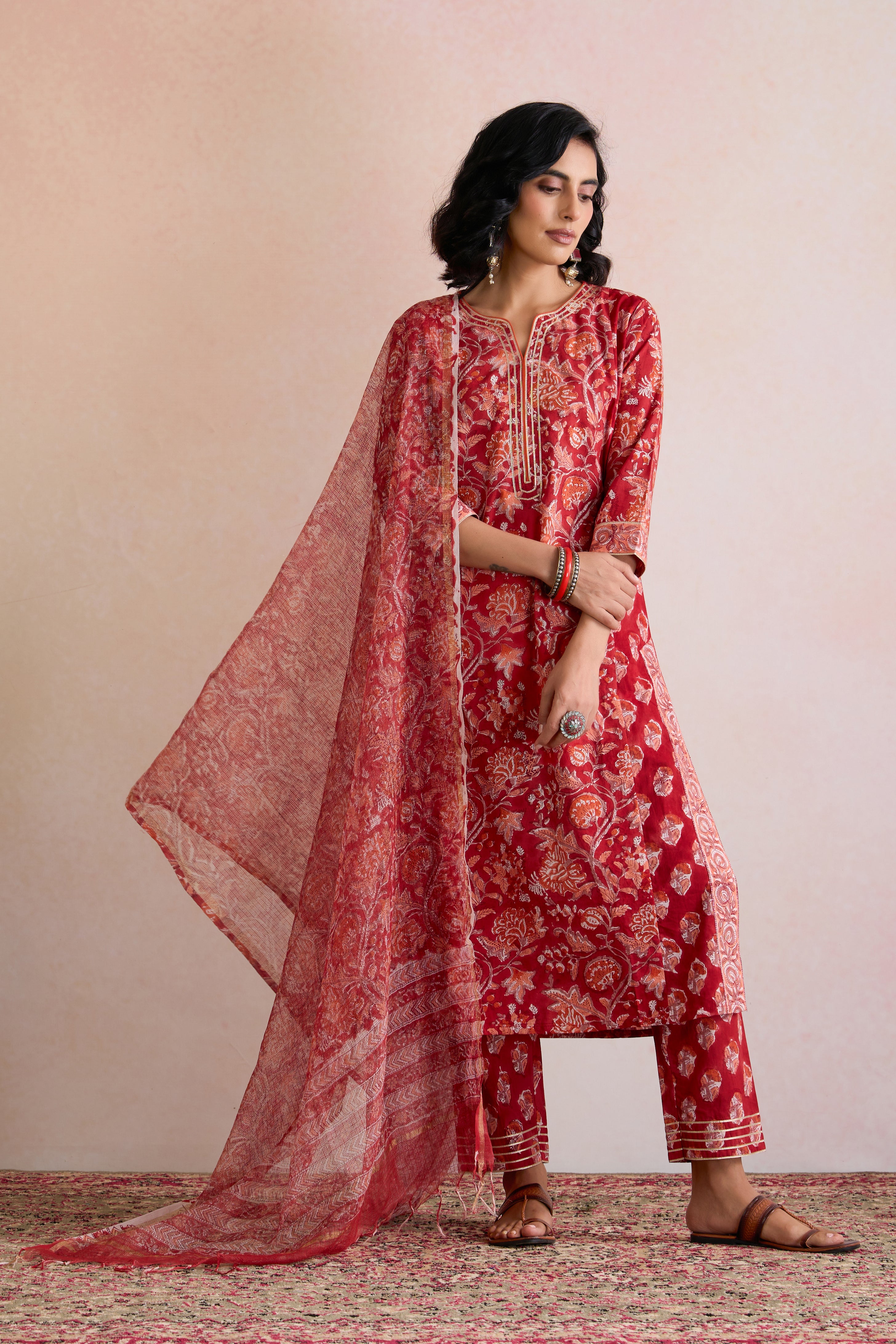 Red Rebecca Floral Kurta Set of 3