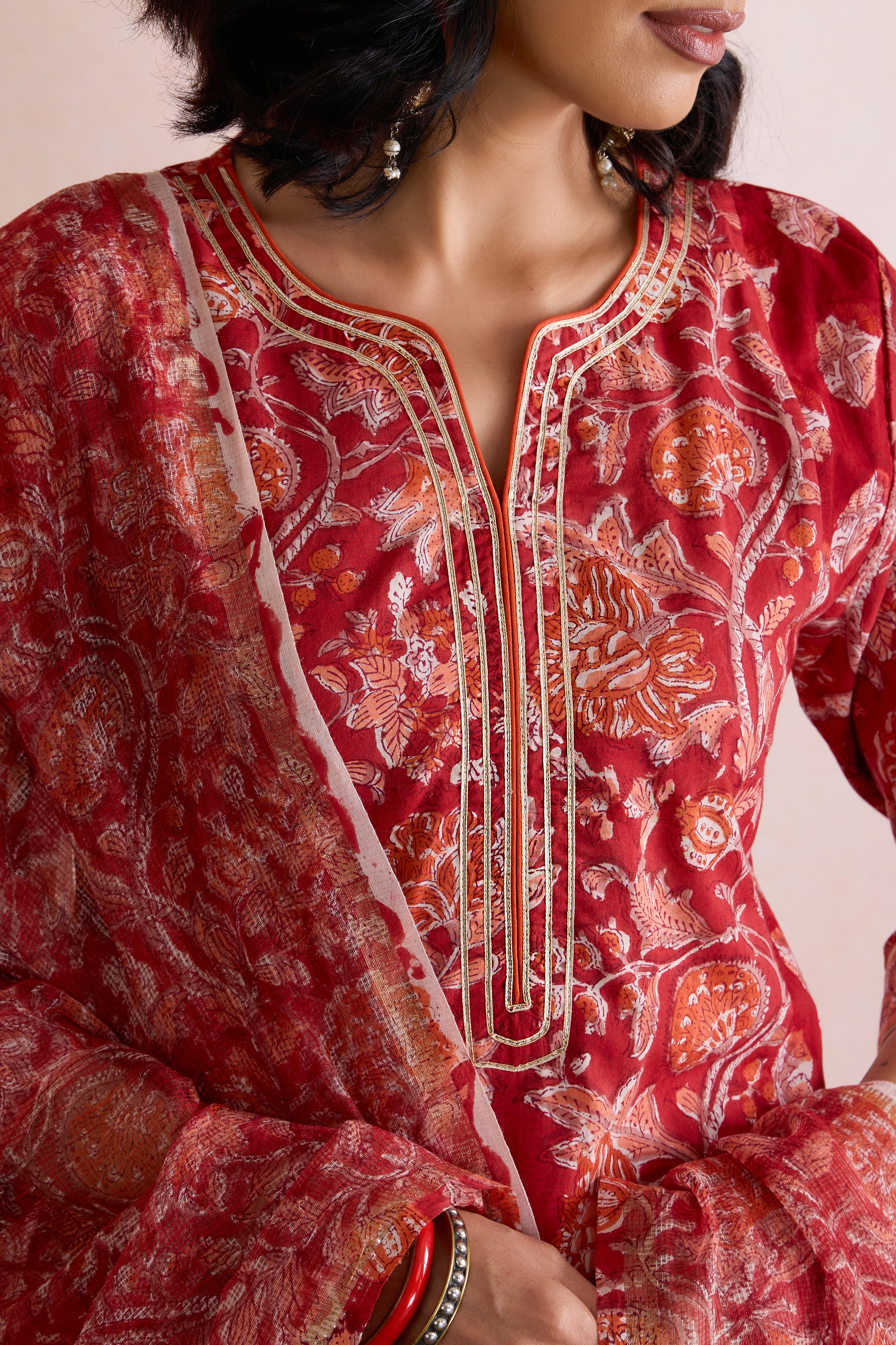 Red Rebecca Floral Kurta Set of 3