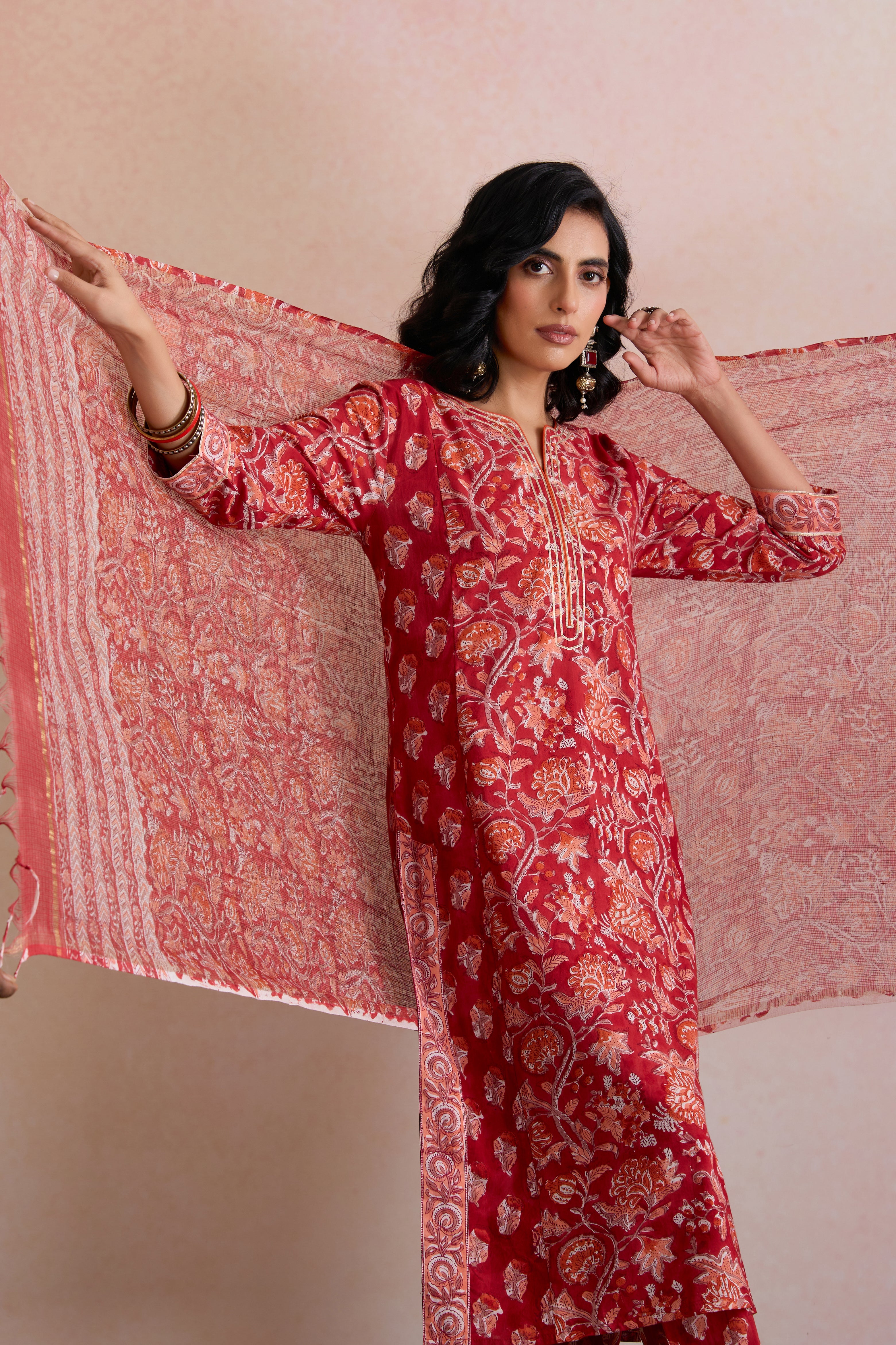 Red Rebecca Floral Kurta Set of 3