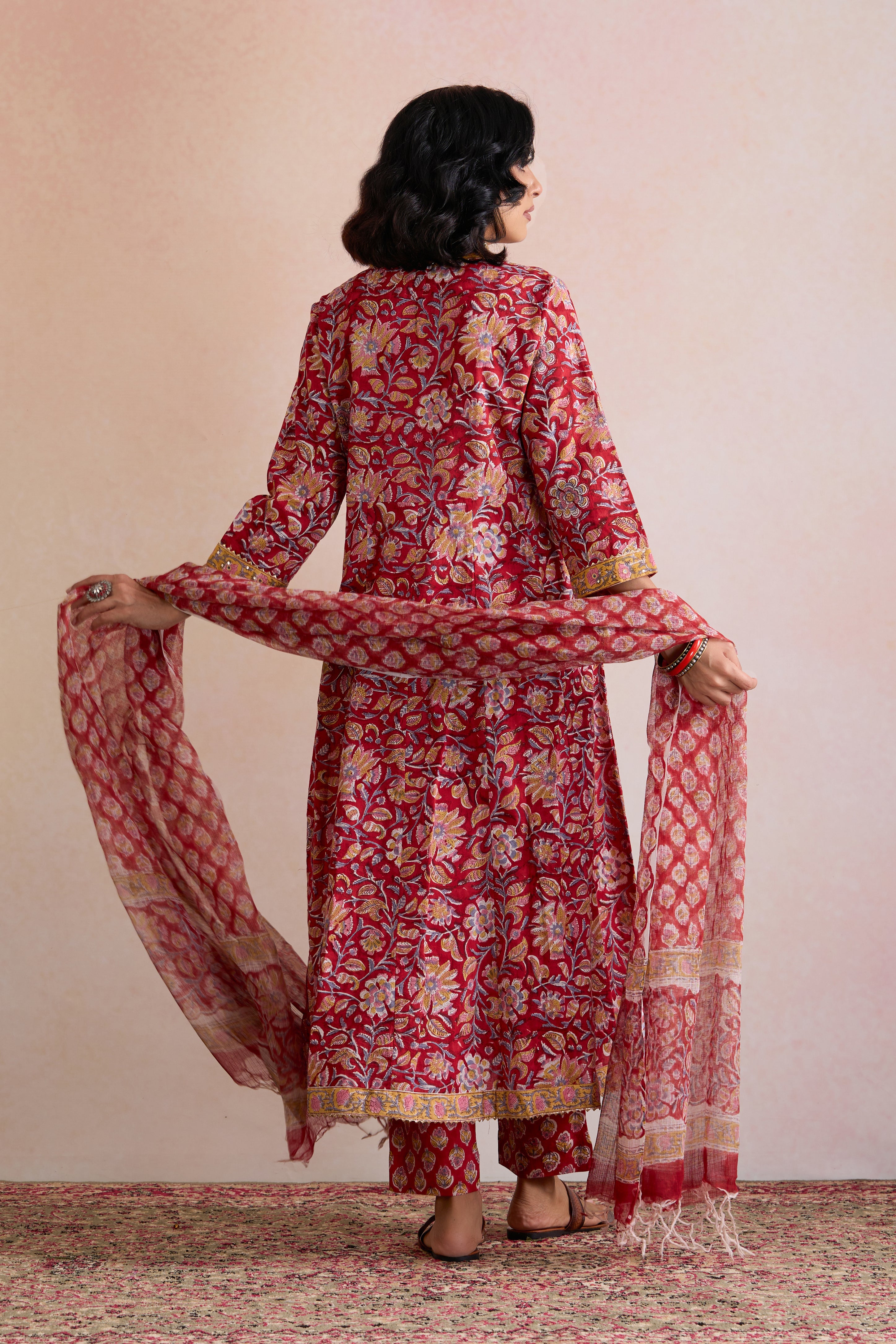 Red Shyla Embroidered Anarkali Kurta Set of 3