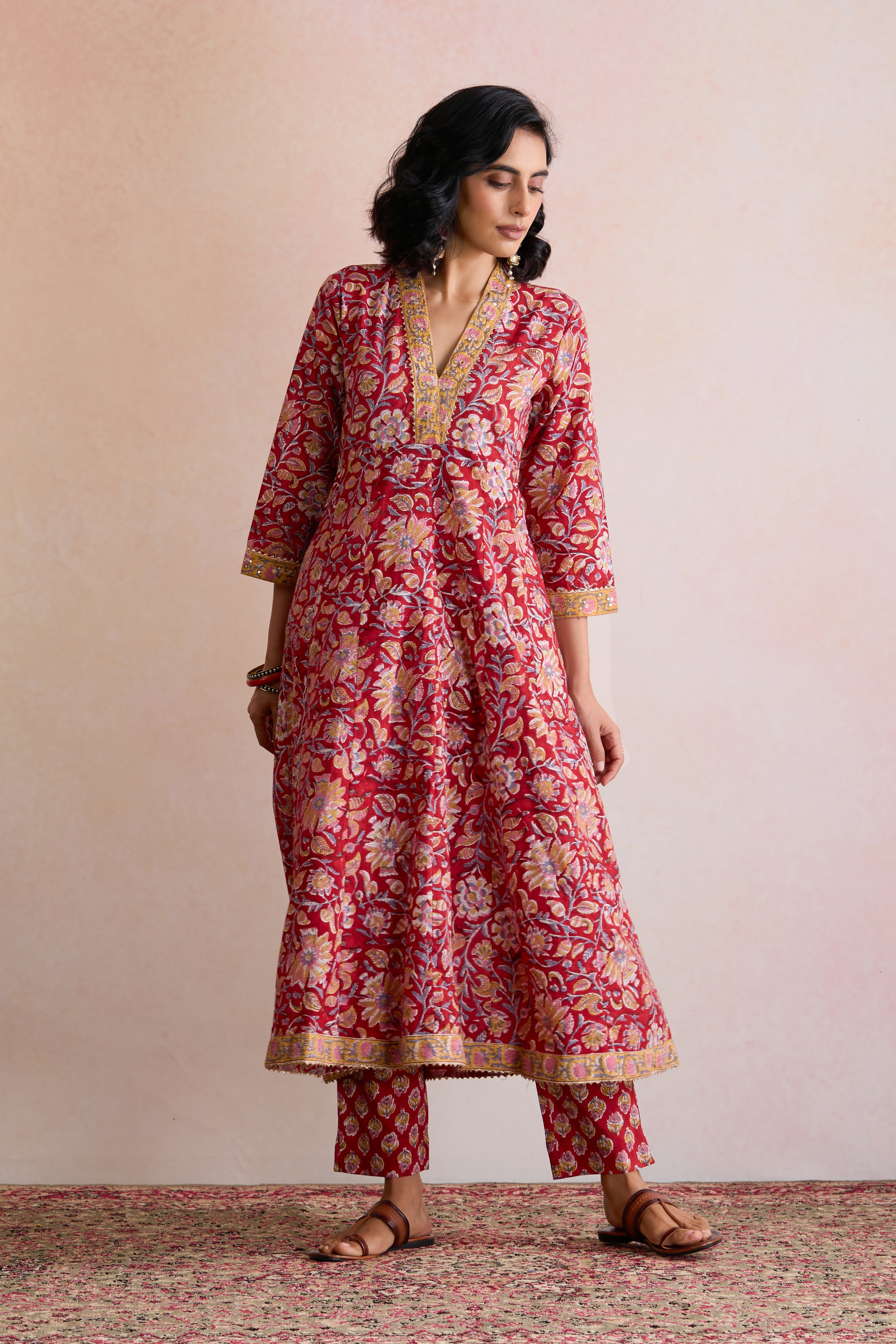 Red Shyla Embroidered Anarkali Kurta Set of 3