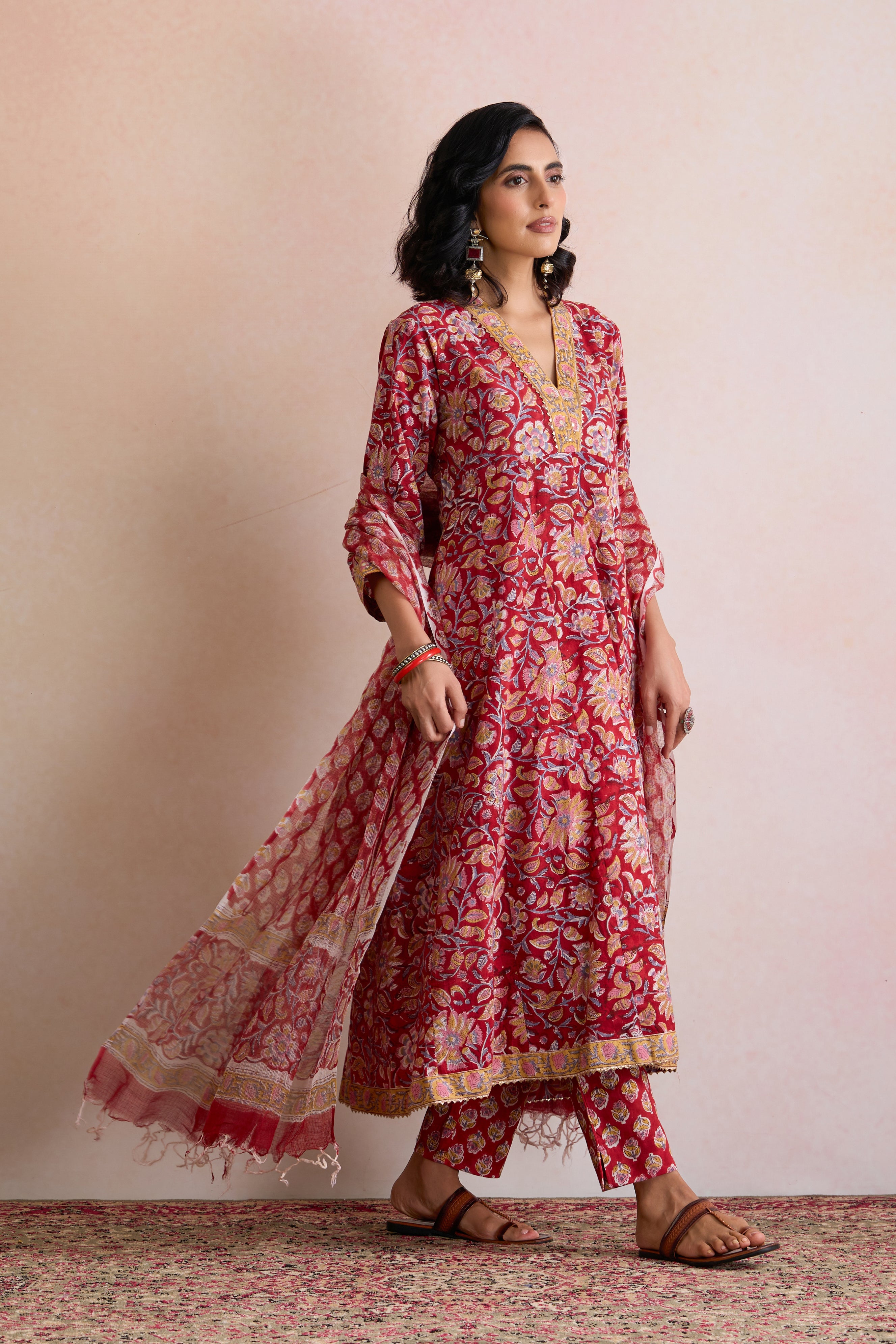 Red Shyla Embroidered Anarkali Kurta Set of 3