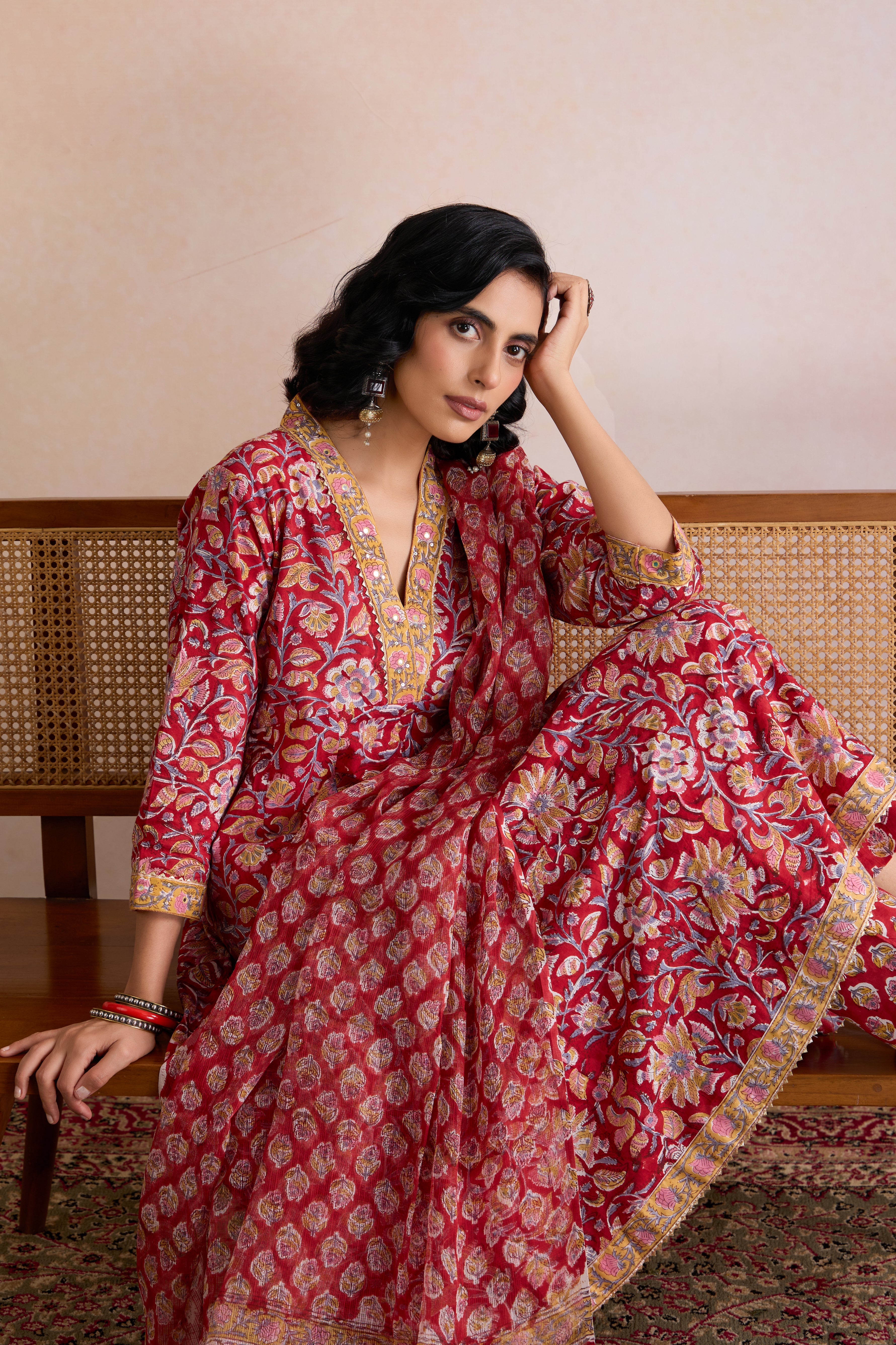Red Shyla Embroidered Anarkali Kurta Set of 3