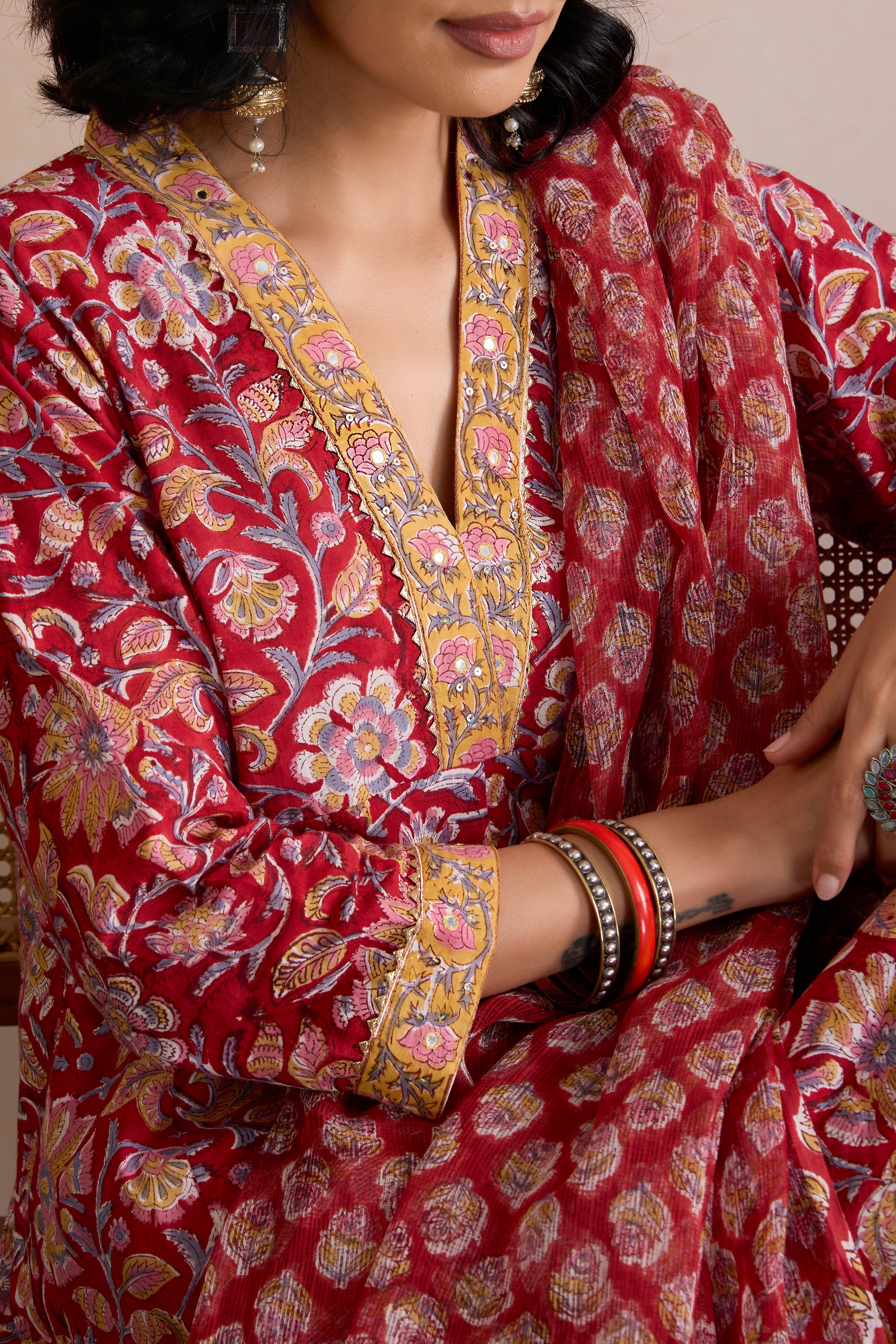 Red Shyla Embroidered Anarkali Kurta Set of 3