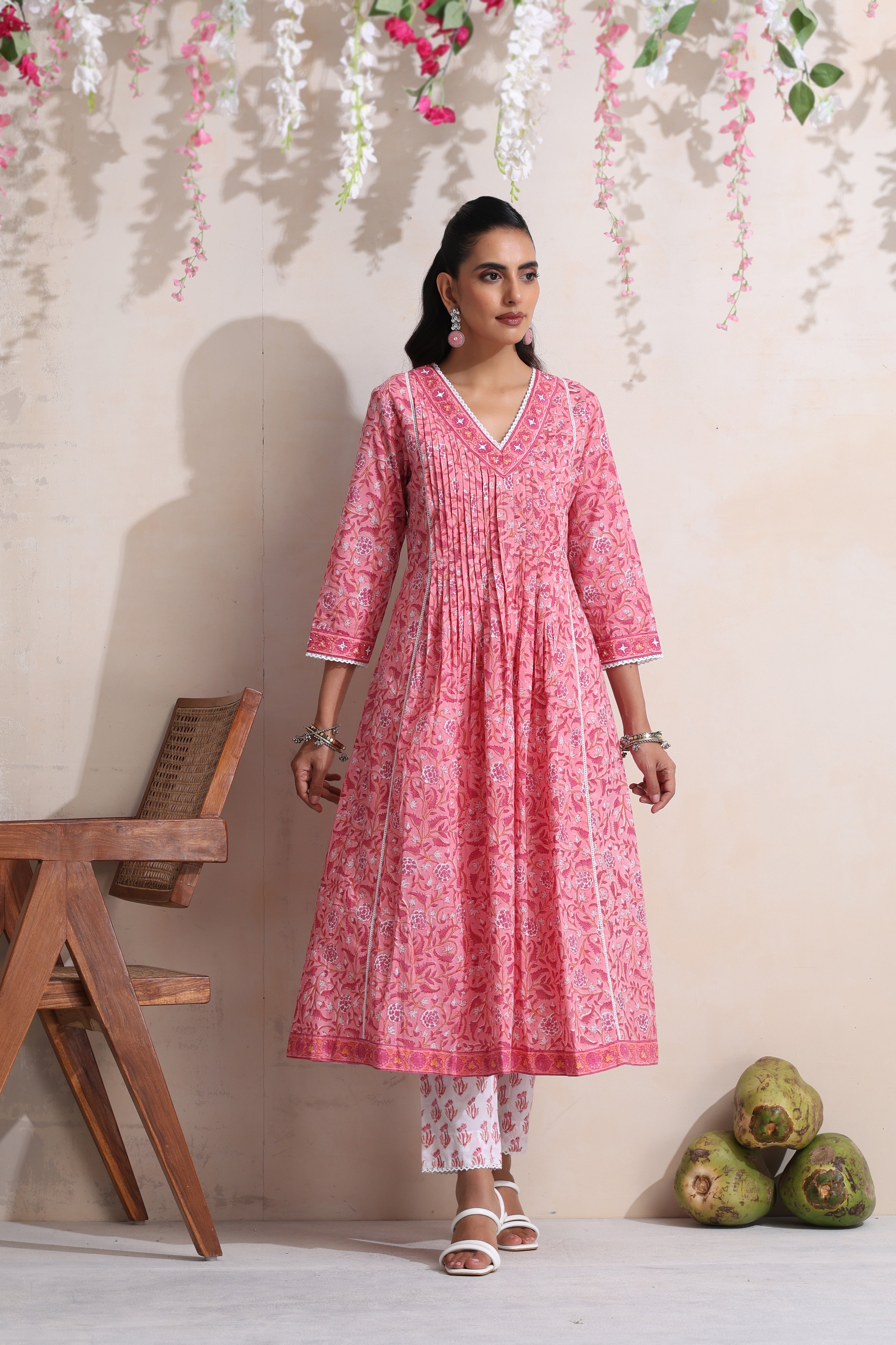 Pink Plumeria Pintucks Embroidered Kurta Set of 3