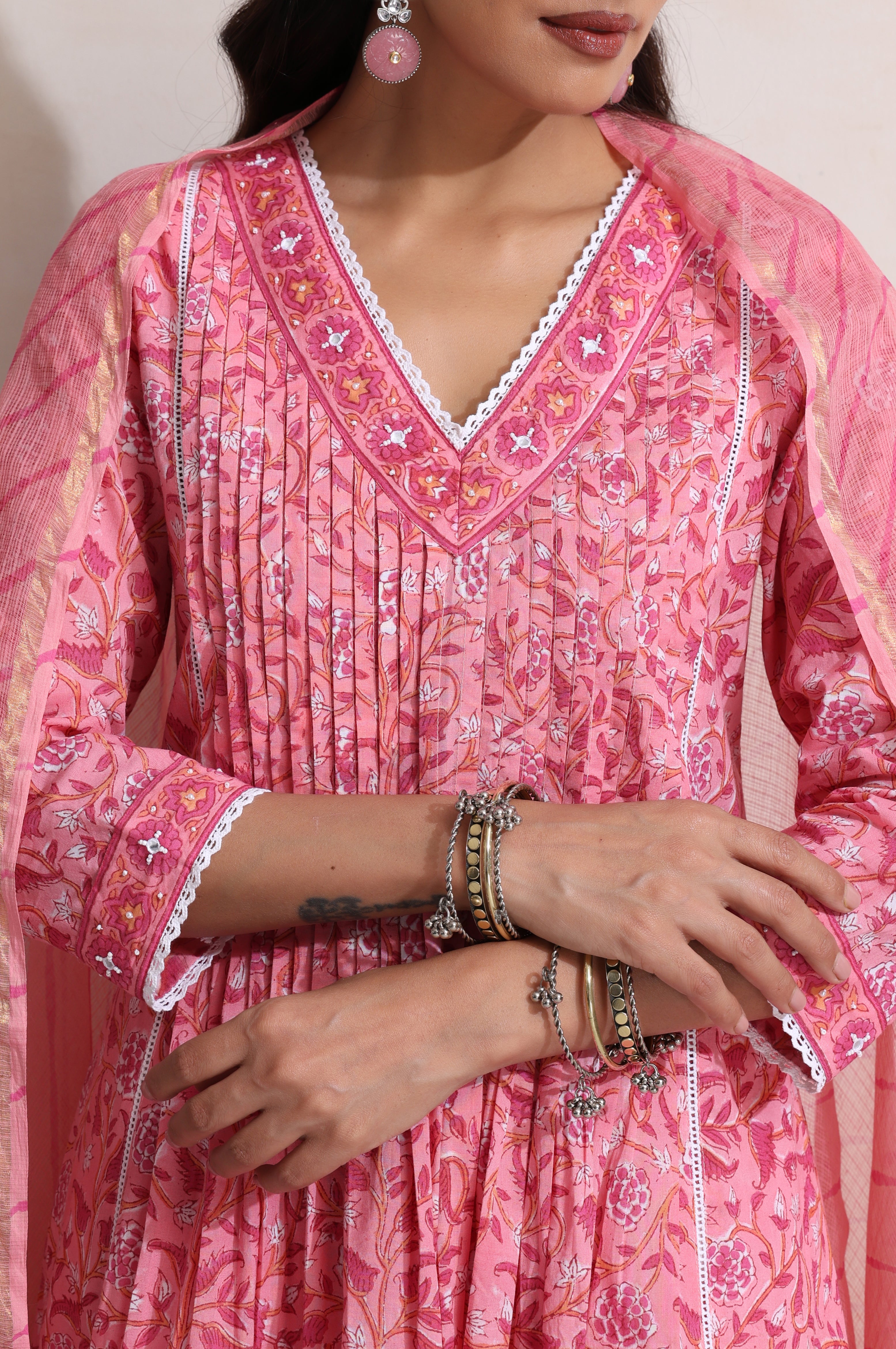 Pink Plumeria Pintucks Embroidered Kurta Set of 3
