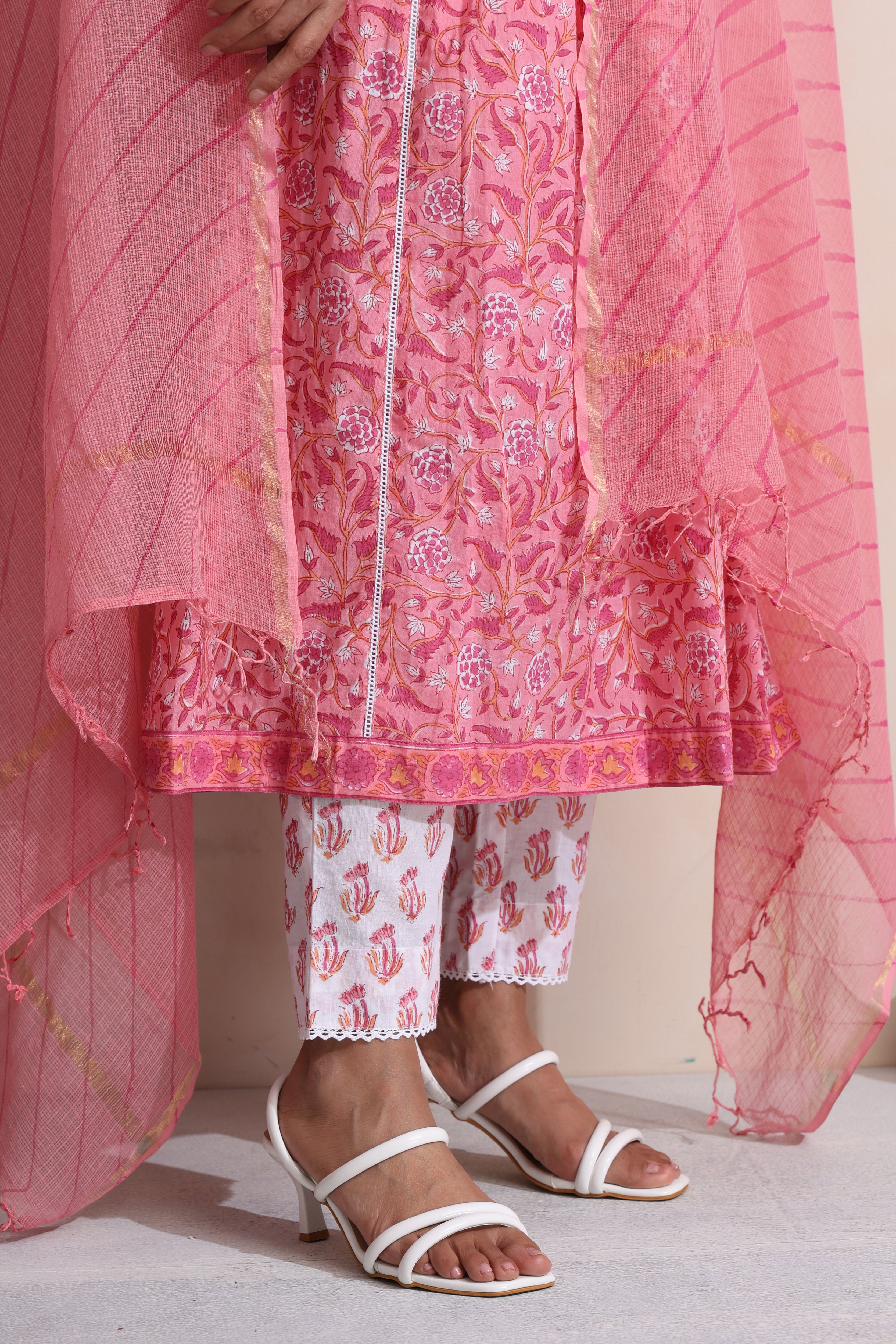 Pink Plumeria Pintucks Embroidered Kurta Set of 3