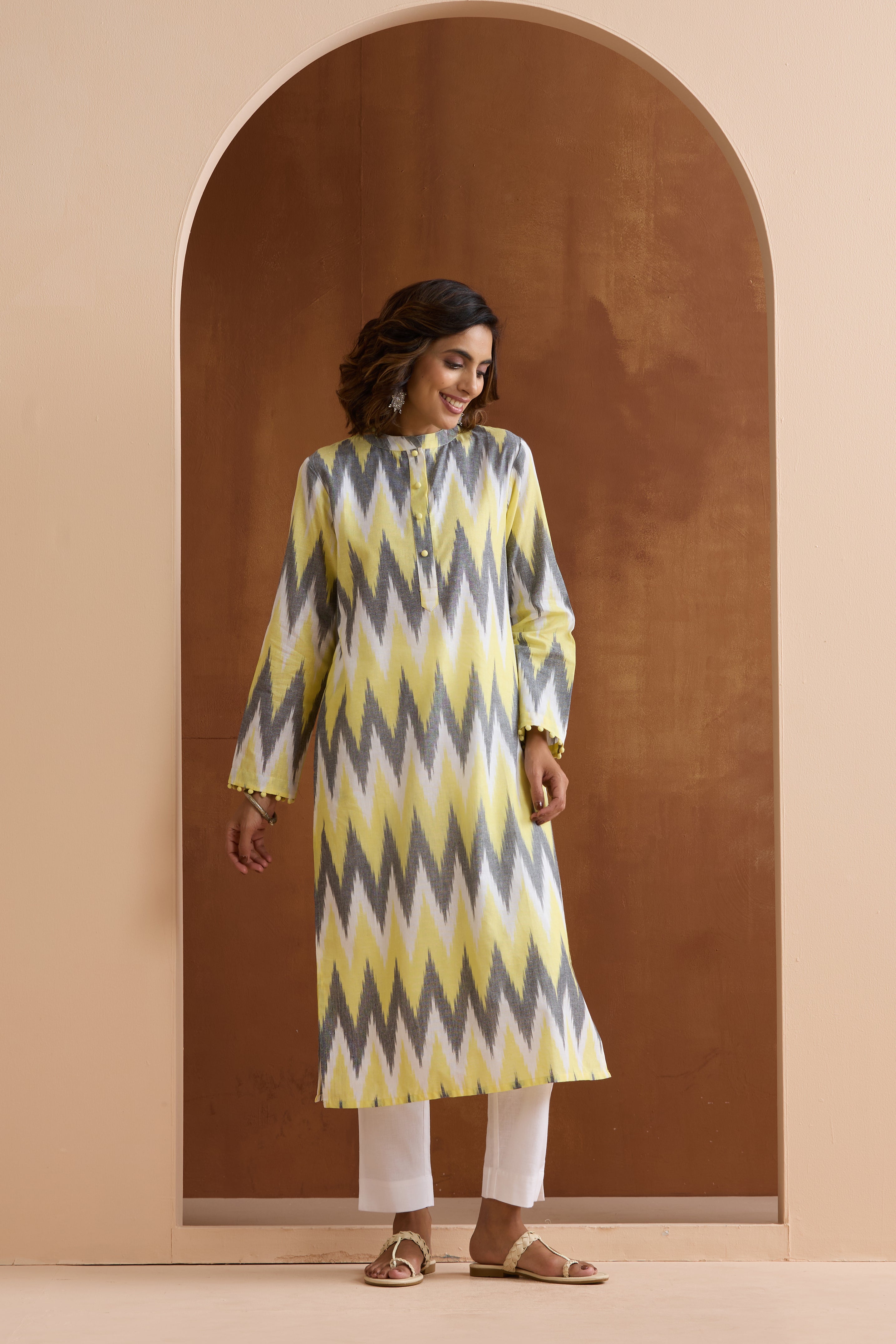 Yellow Posie Ikat Handloom Cotton Kurta Set of 2