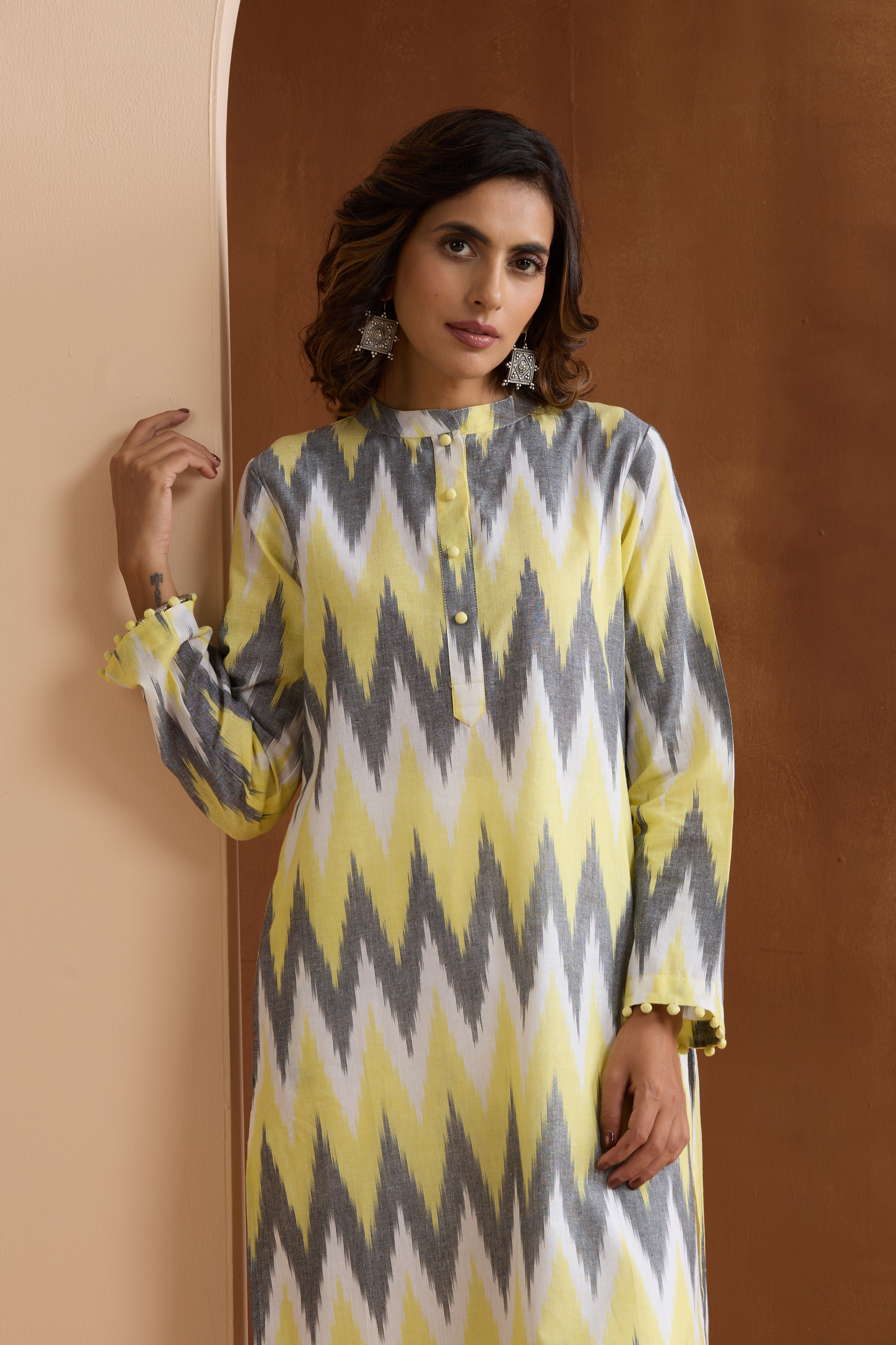 Yellow Posie Ikat Handloom Cotton Kurta Set of 2