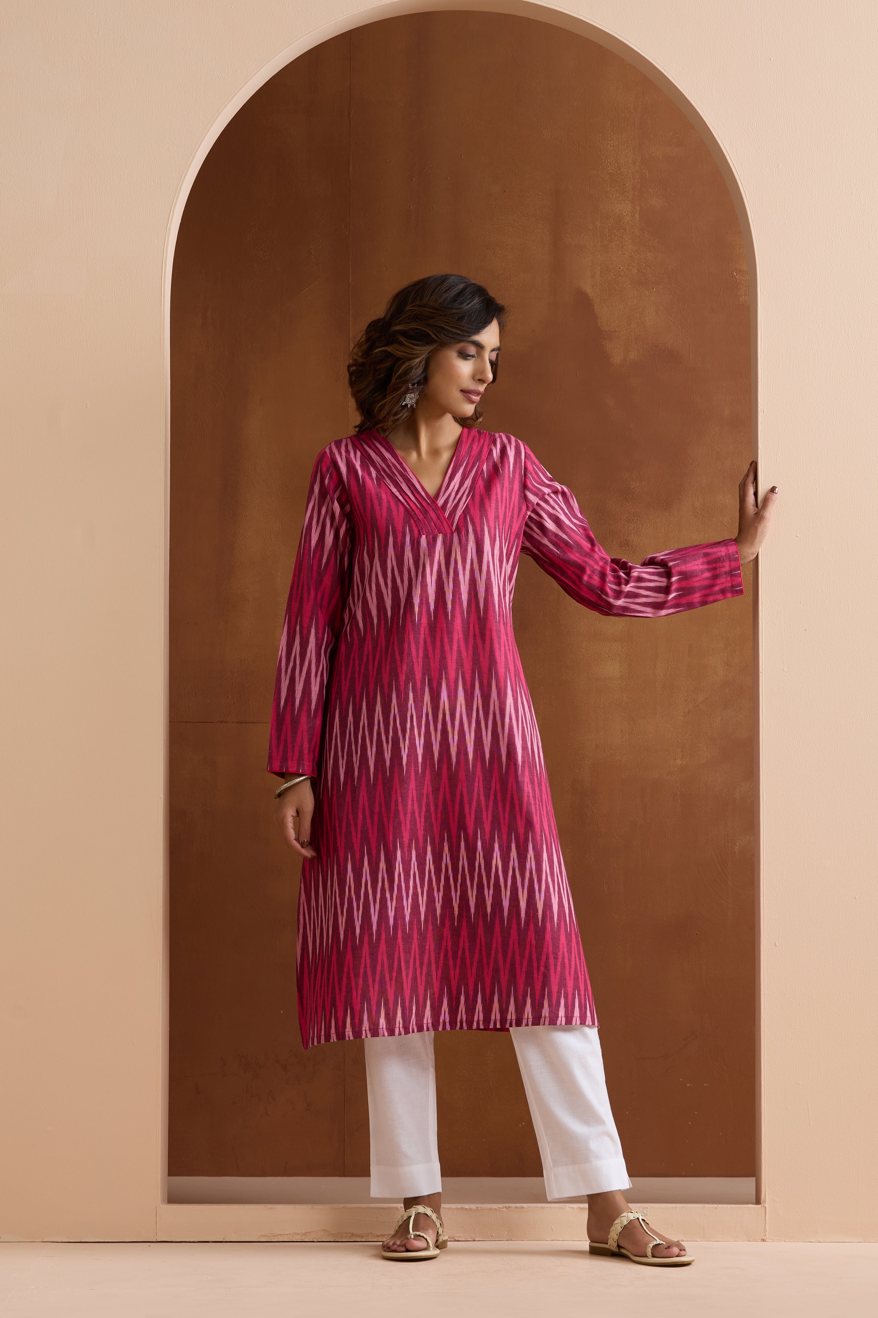 Maroon Carmine Ikat Handloom Cotton Kurta Set of 2