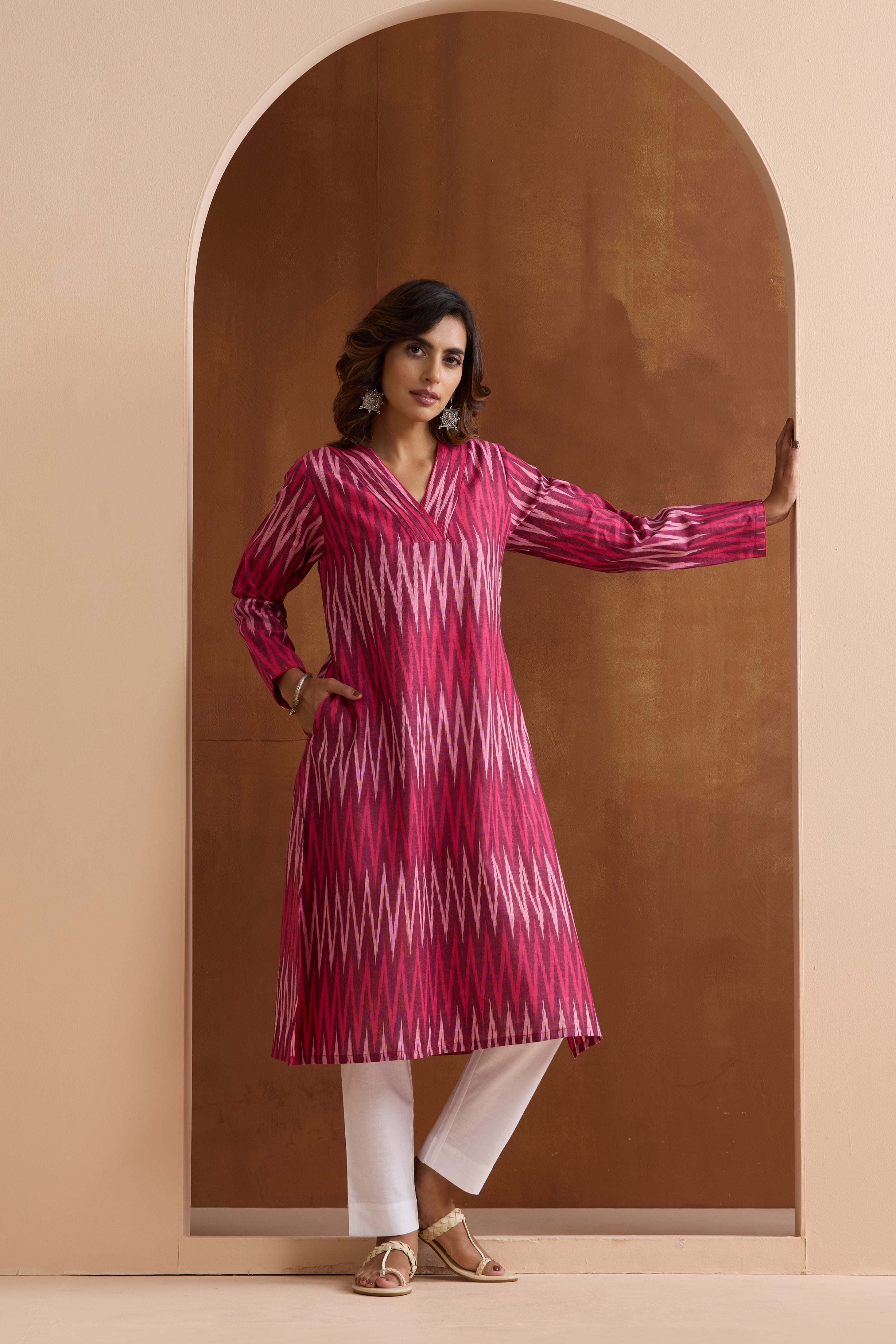 Maroon Carmine Ikat Handloom Cotton Kurta Set of 2