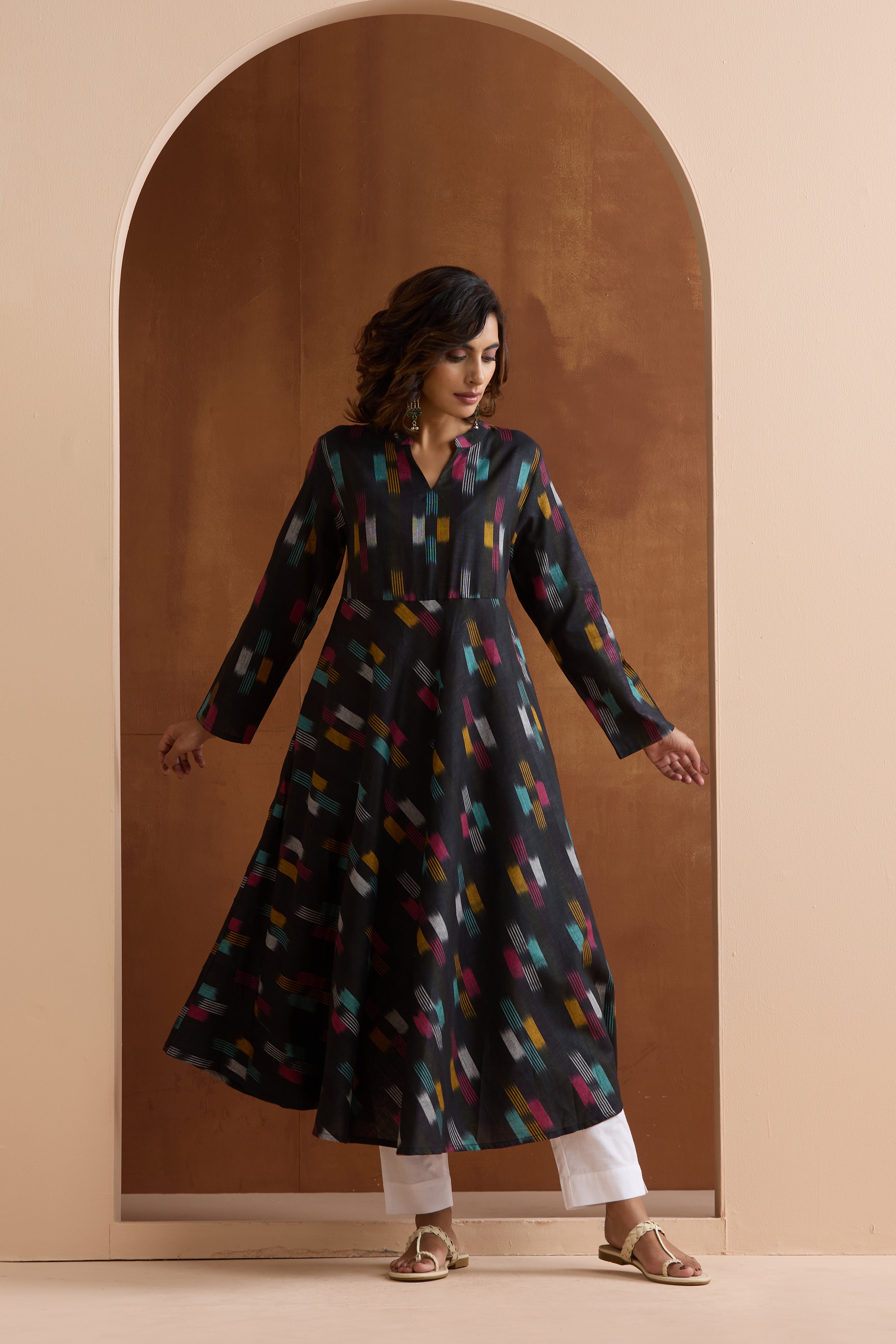 Ebony Black Ikat Handloom Cotton Anarkali Set of 2