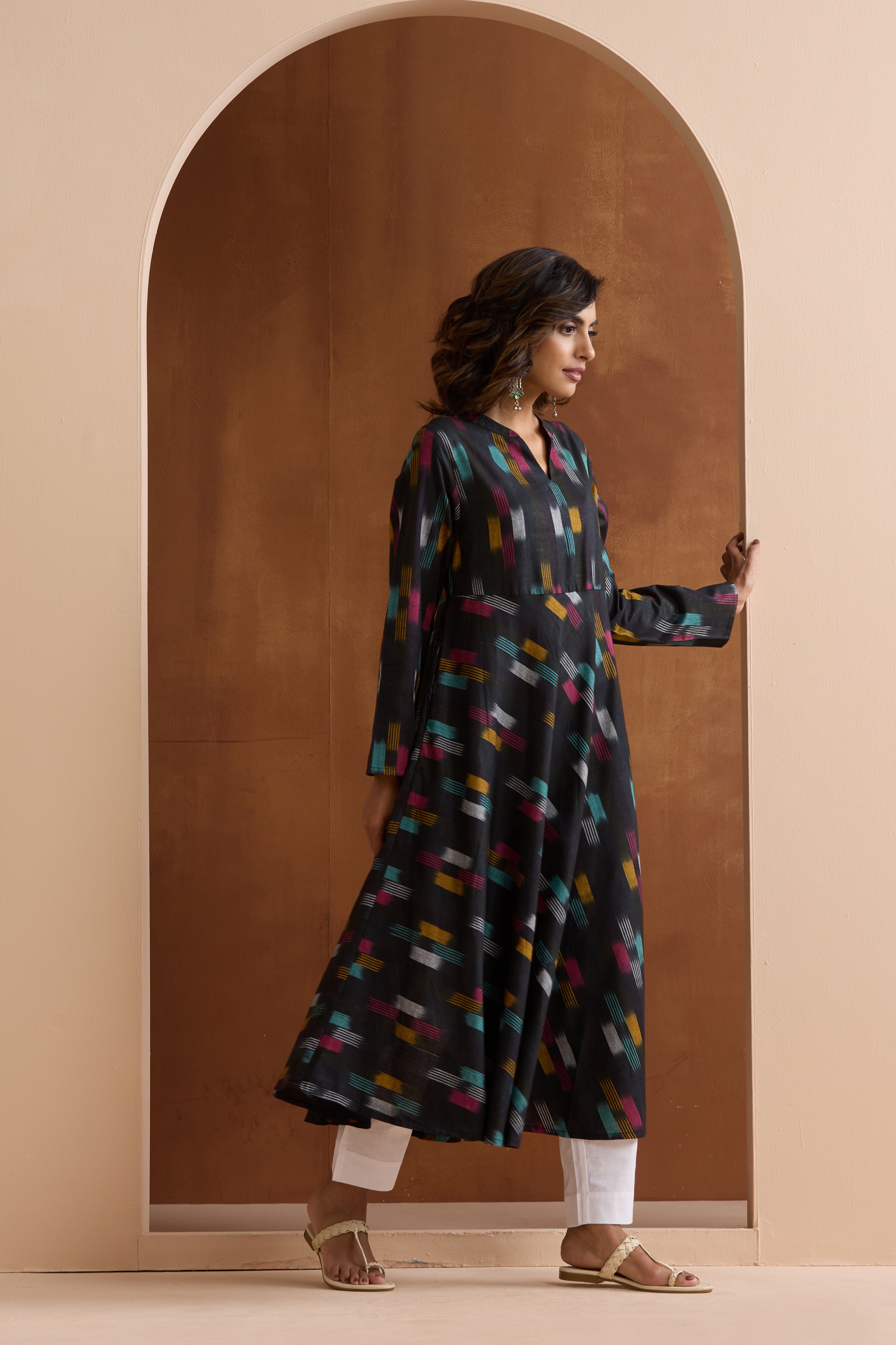 Ebony Black Ikat Handloom Cotton Anarkali Set of 2