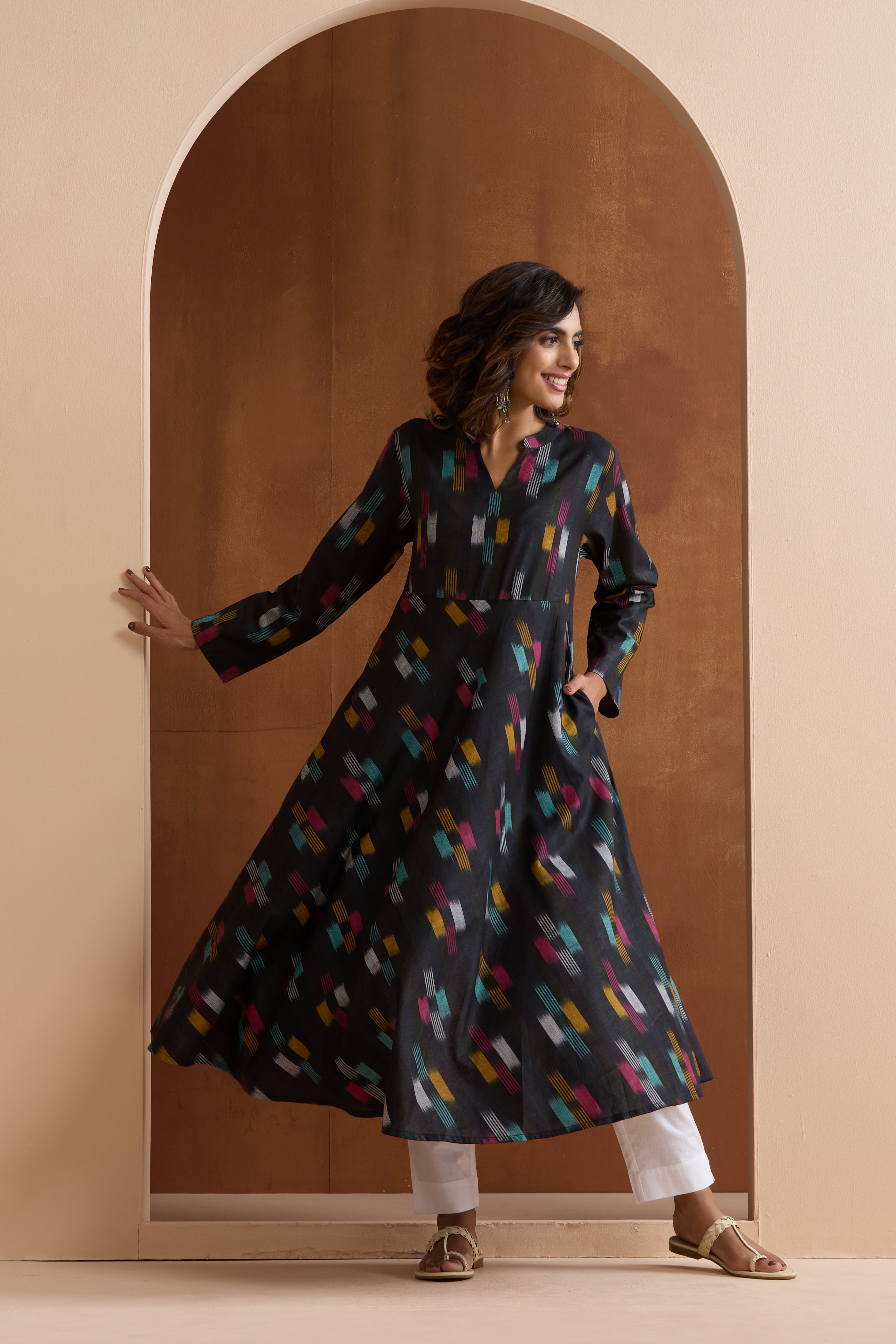Ebony Black Ikat Handloom Cotton Anarkali Set of 2