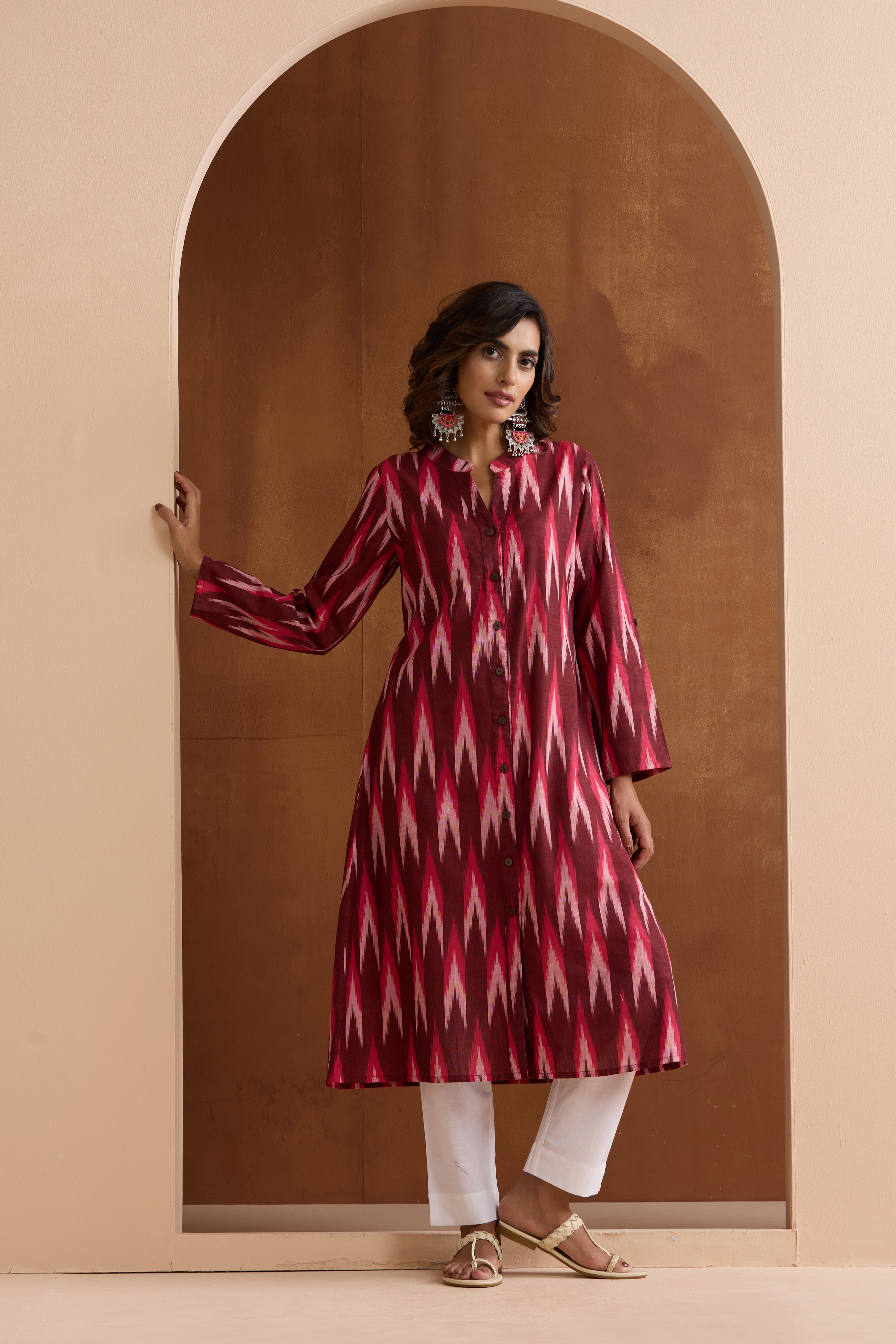 Maroon Meryl Ikat Handloom Cotton Kurta Set of 2