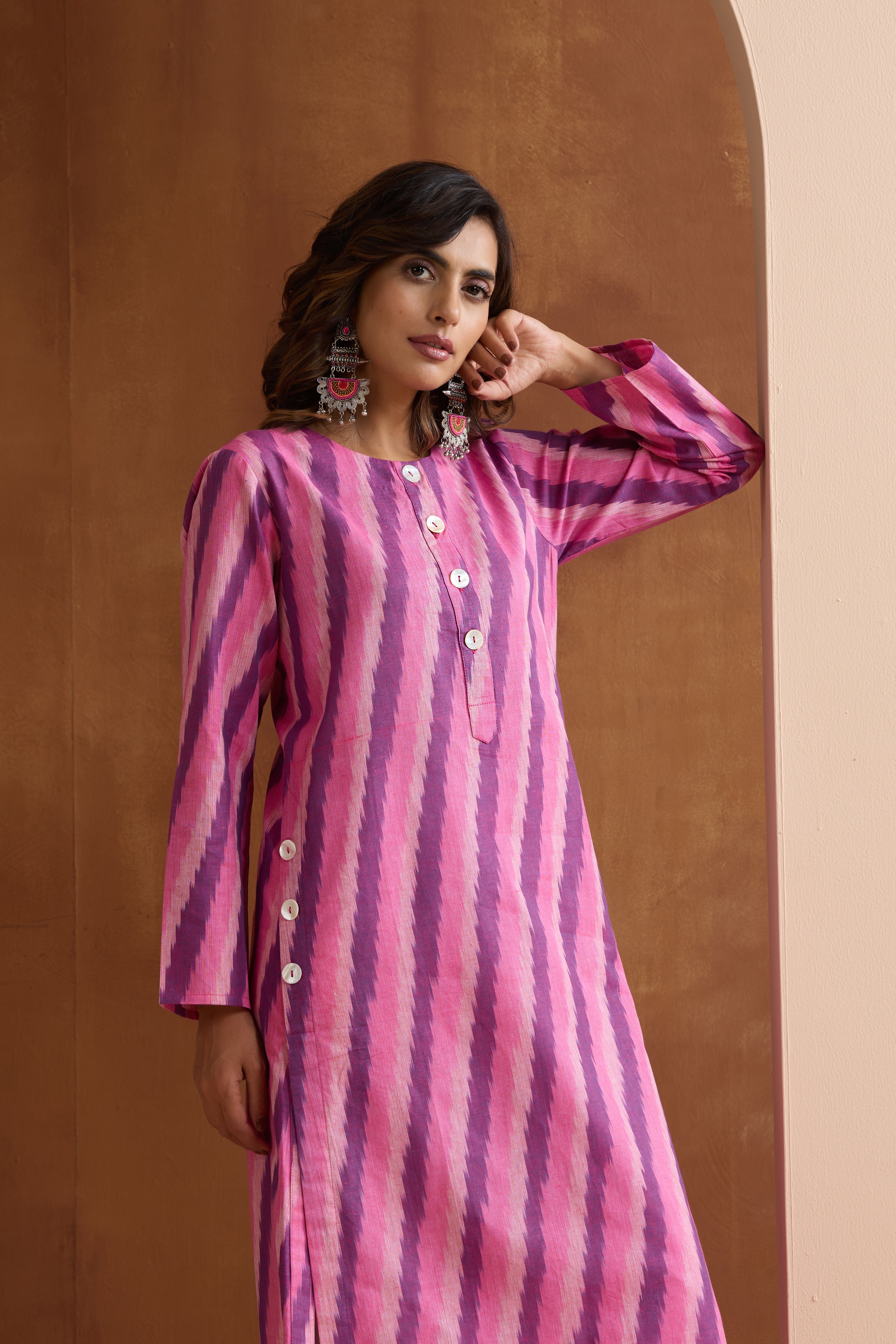 Pink Rosie Ikat Handloom Cotton Kurta Set of 2
