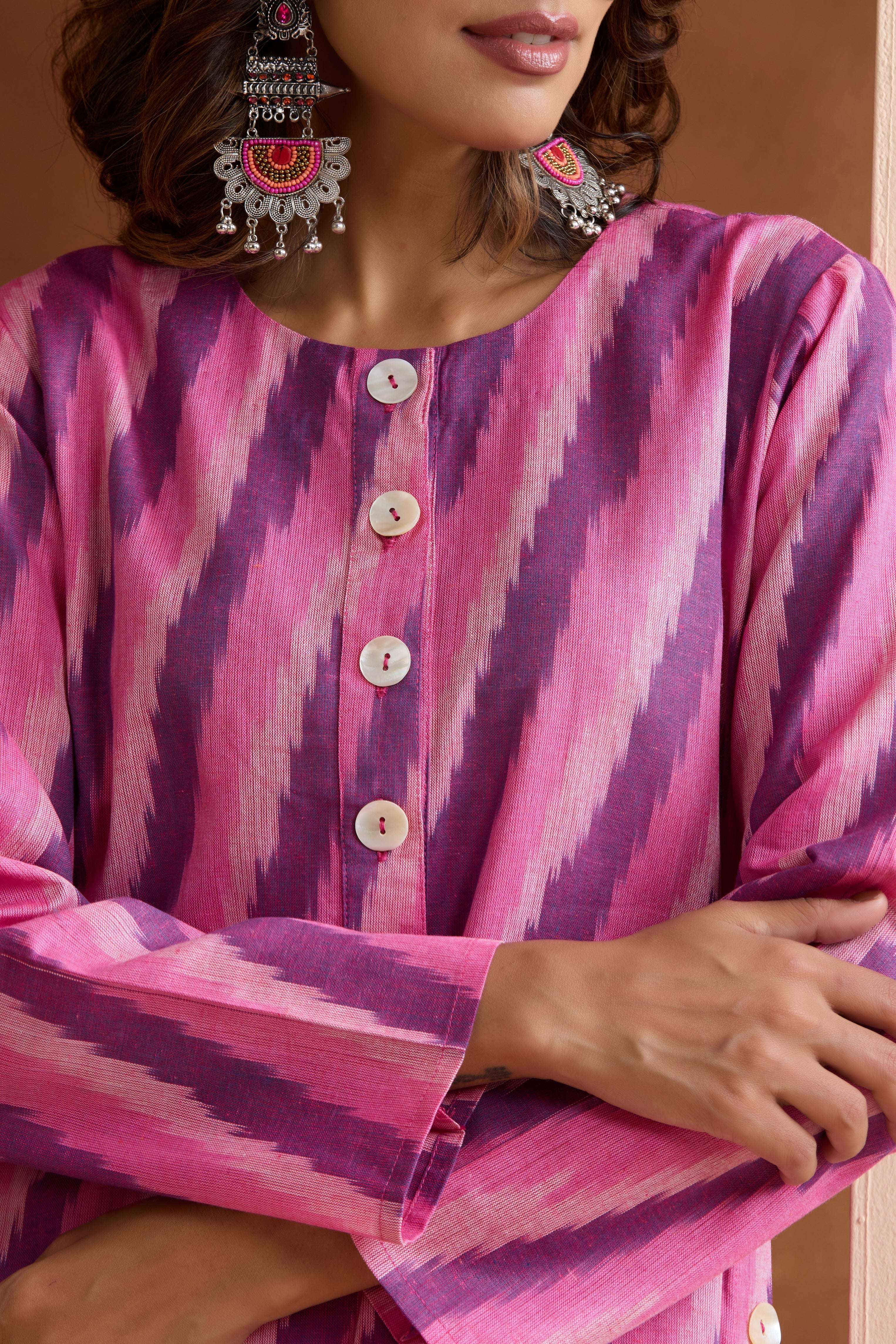 Pink Rosie Ikat Handloom Cotton Kurta Set of 2