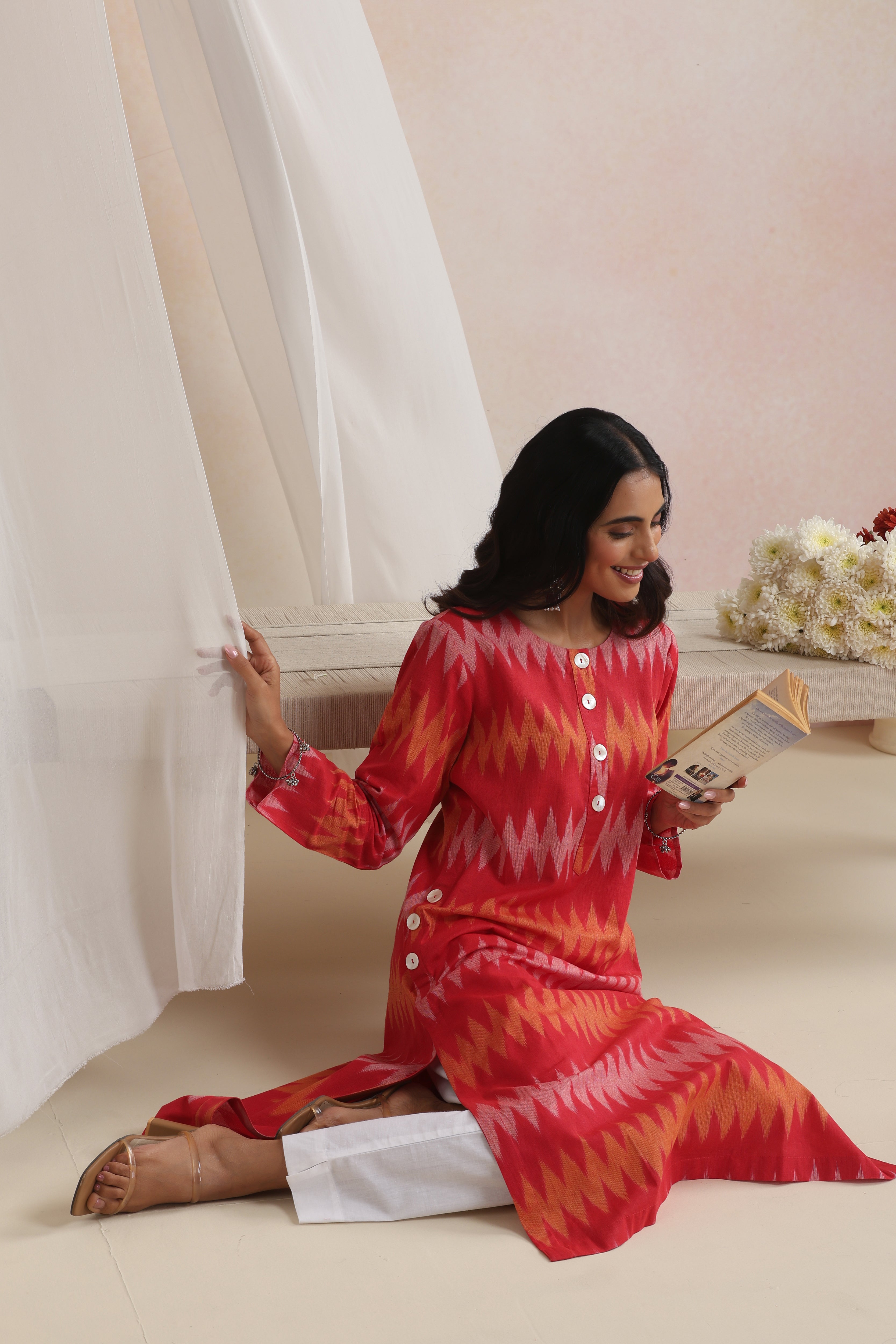 Red Rysa Ikat Handloom Cotton Kurta Set of 2