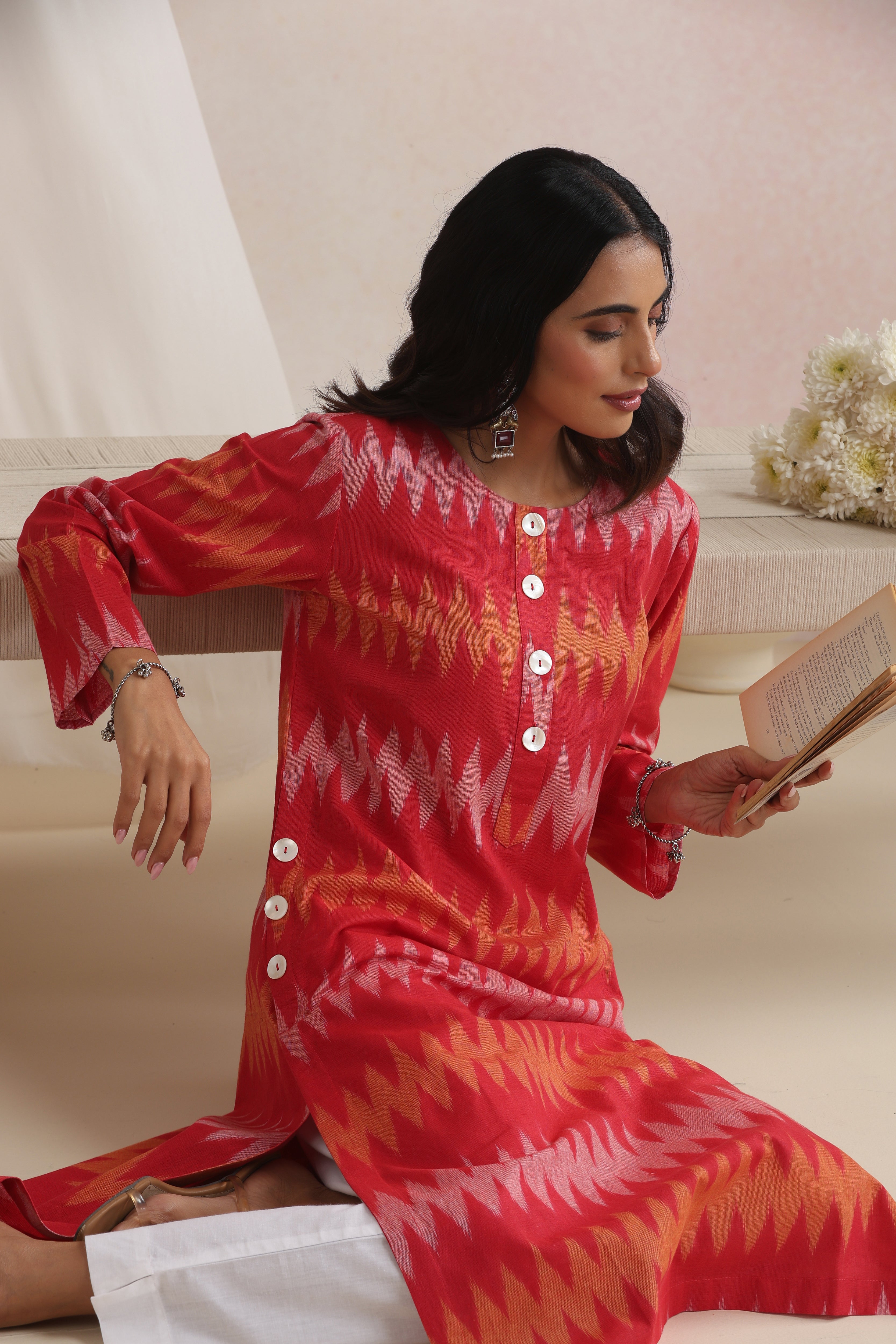 Red Rysa Ikat Handloom Cotton Kurta Set of 2