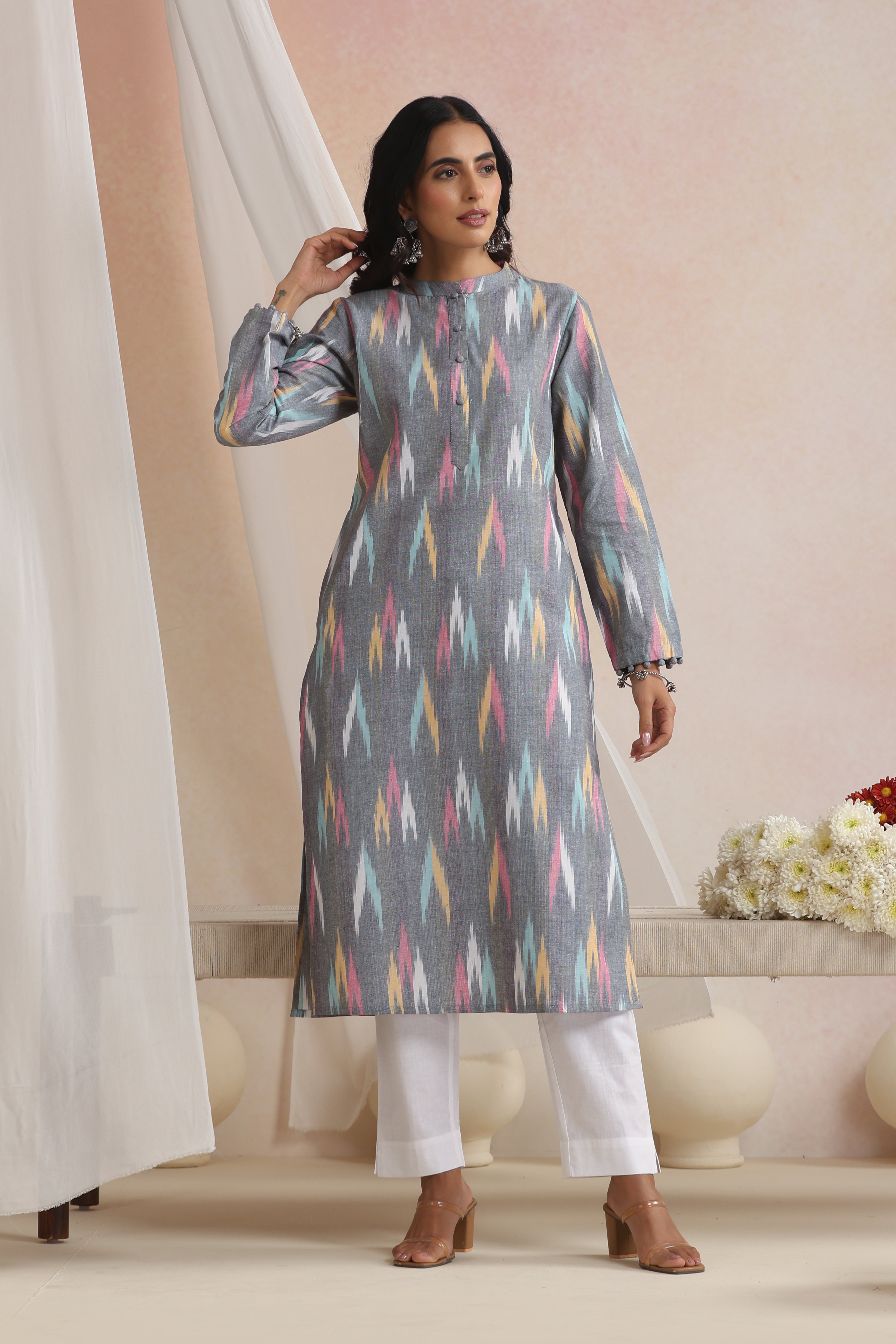 Grey Giva Ikat Handloom Cotton Kurta