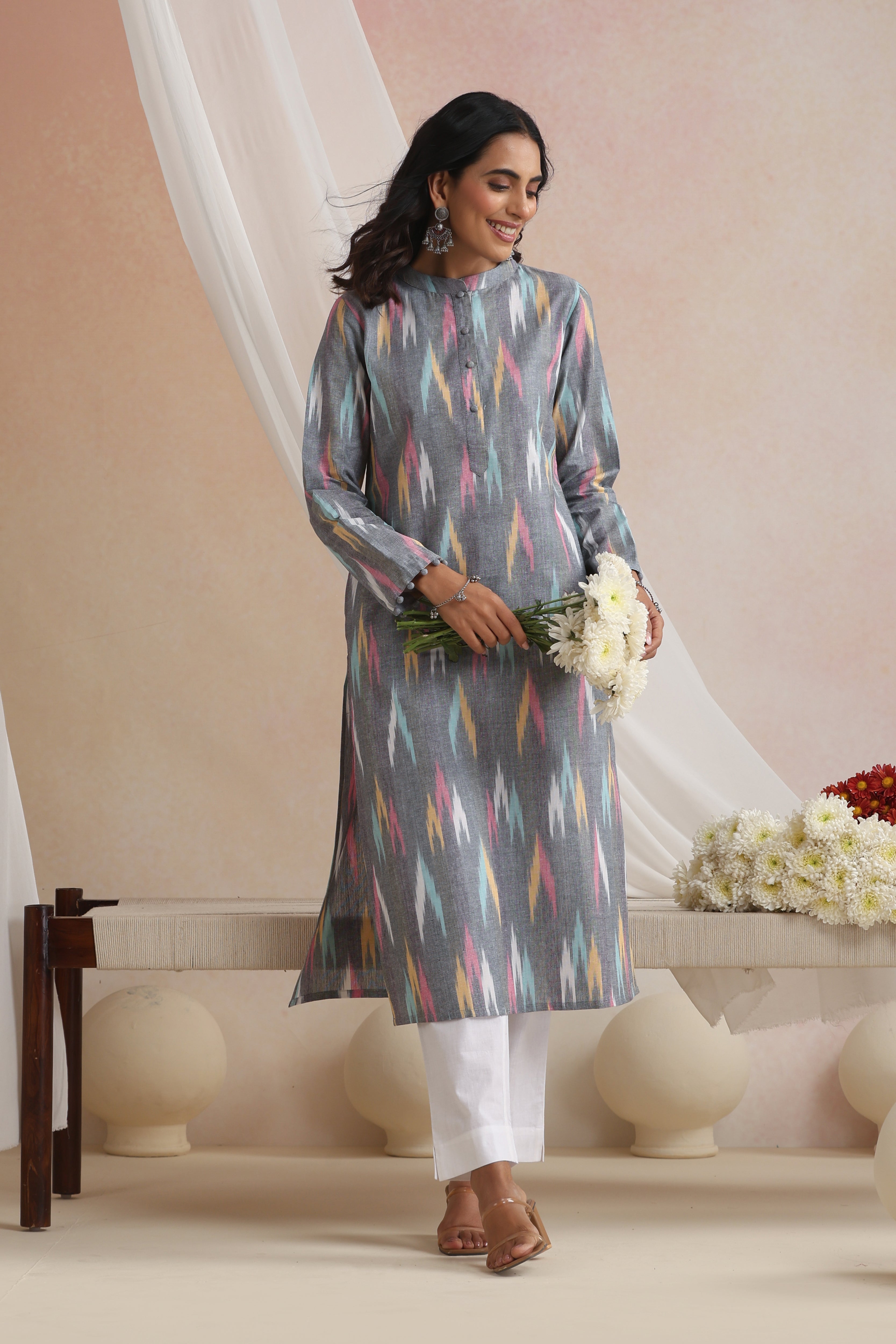 Grey Giva Ikat Handloom Cotton Kurta Set of 2