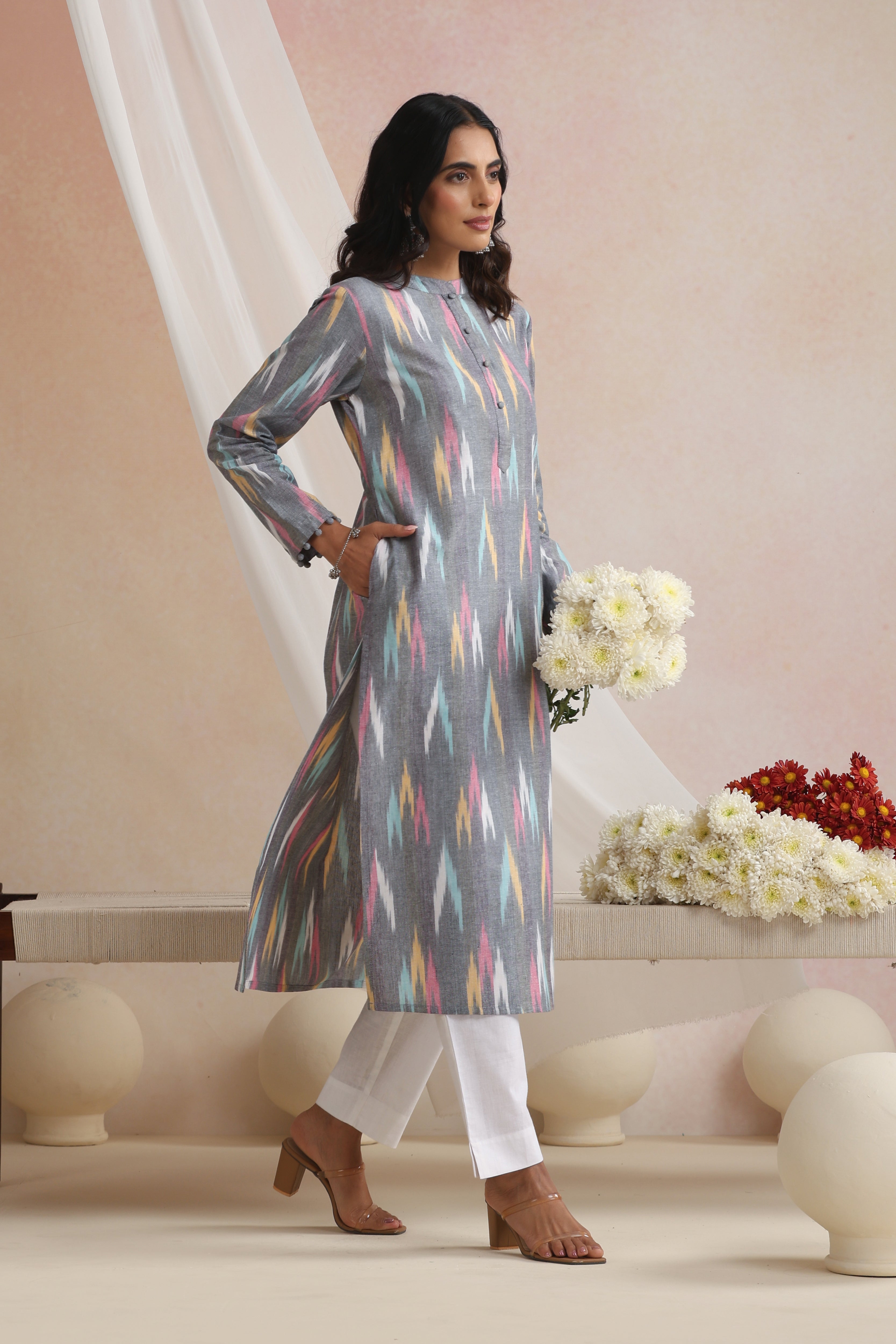 Grey Giva Ikat Handloom Cotton Kurta