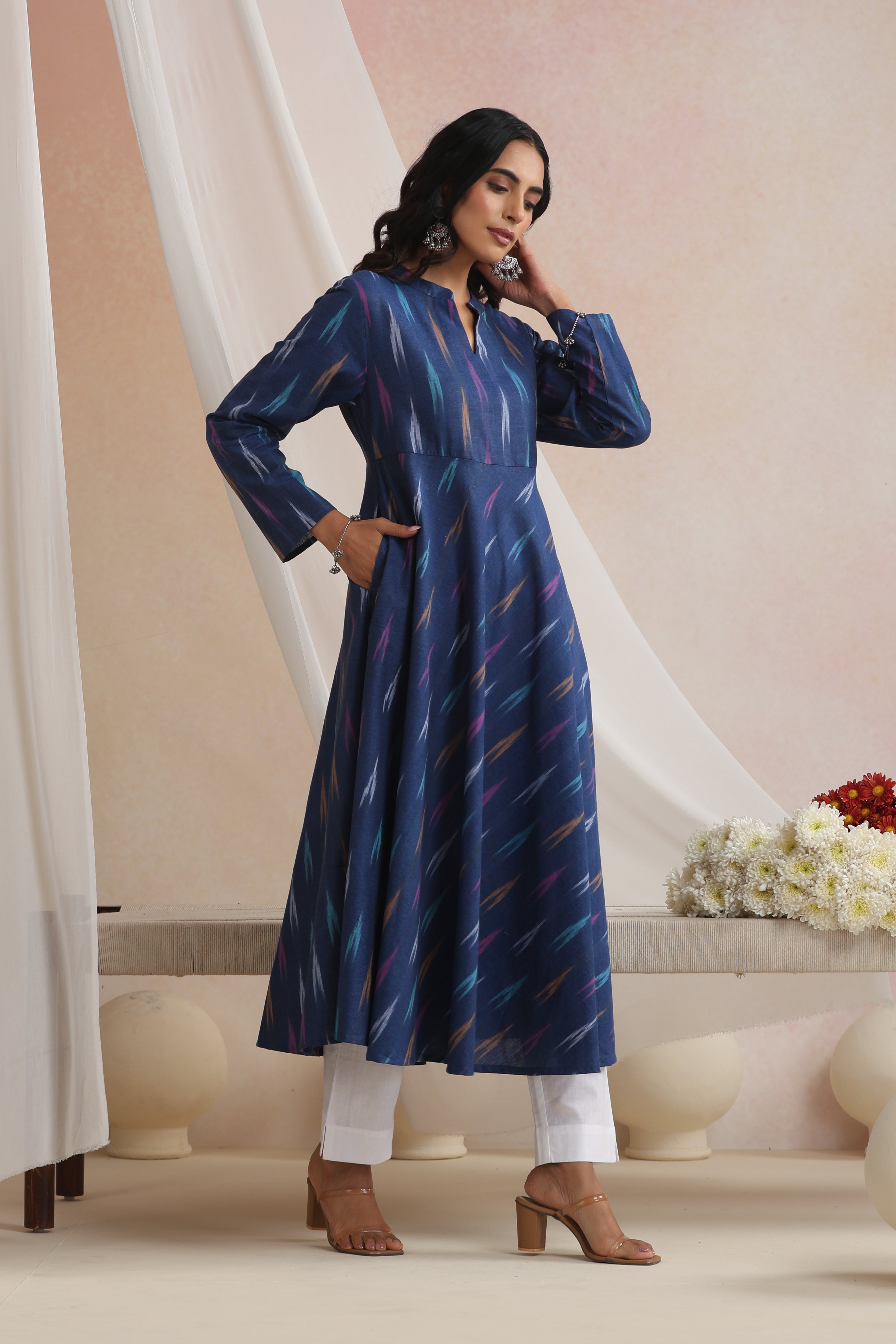 Navy Naira Ikat Handloom Cotton Anarkali Set of 2