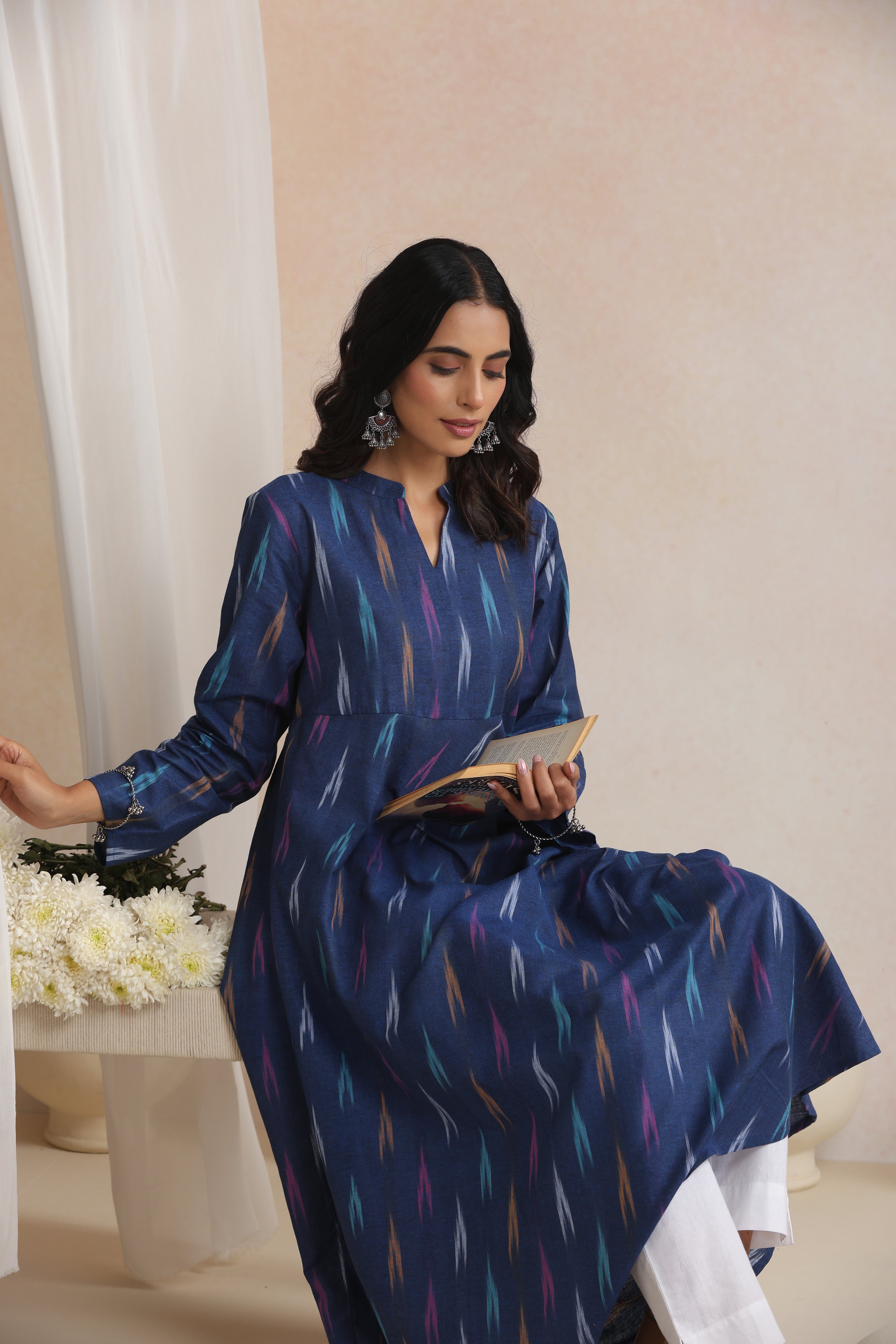 Navy Naira Ikat Handloom Cotton Anarkali Set of 2