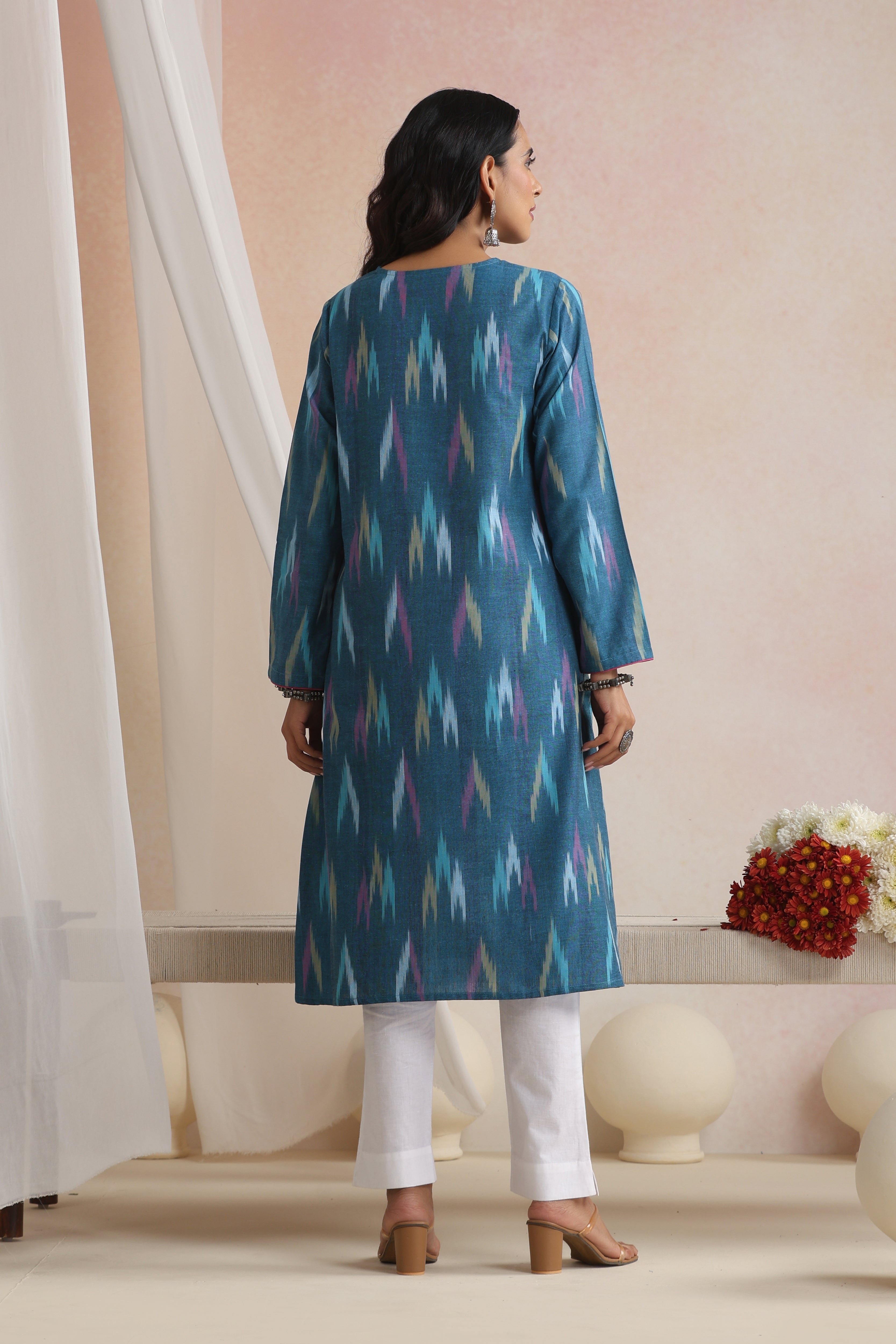 Teal Seraya Ikat Handloom Cotton Kurta