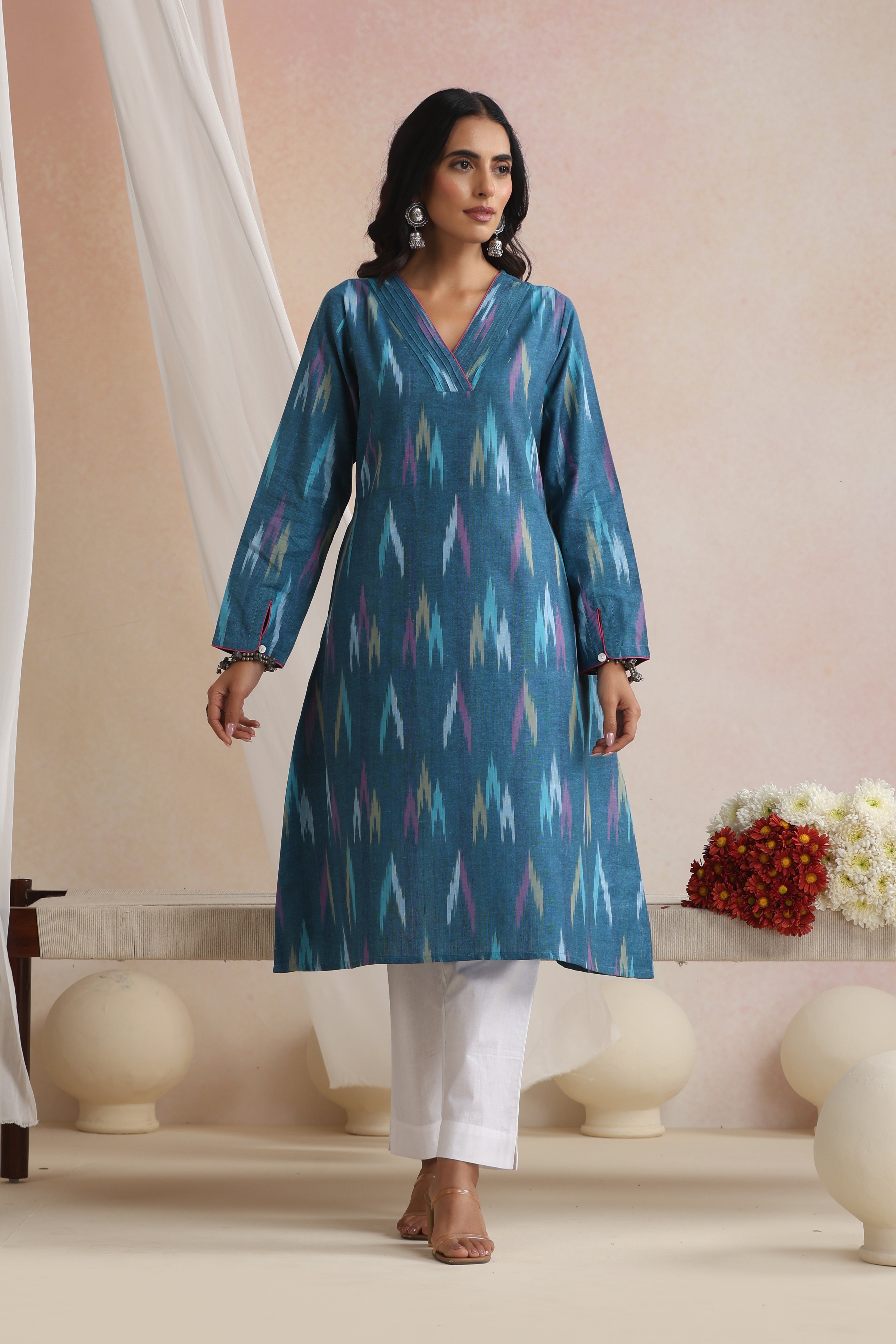 Teal Seraya Ikat Handloom Cotton Kurta