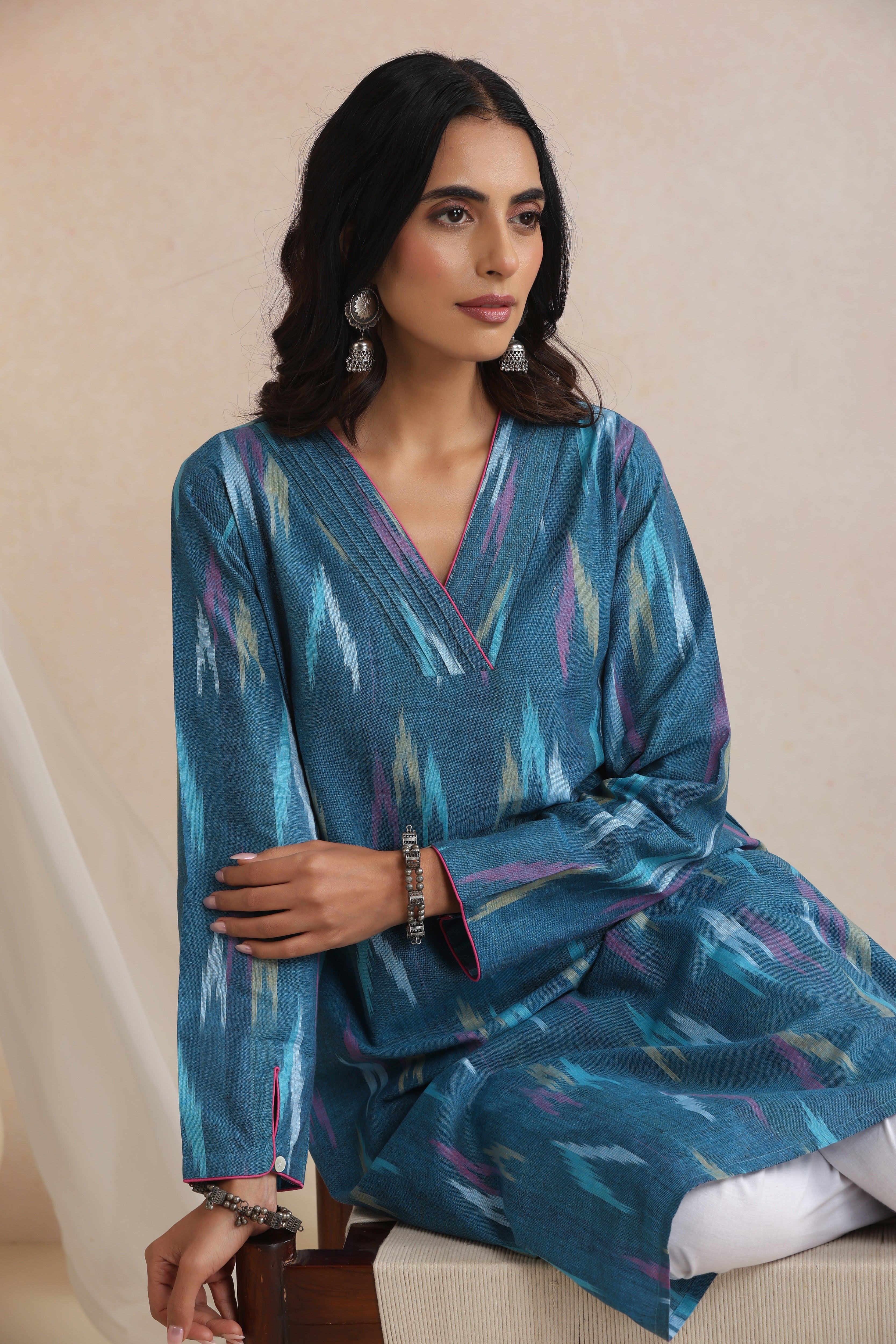 Teal Seraya Ikat Handloom Cotton Kurta