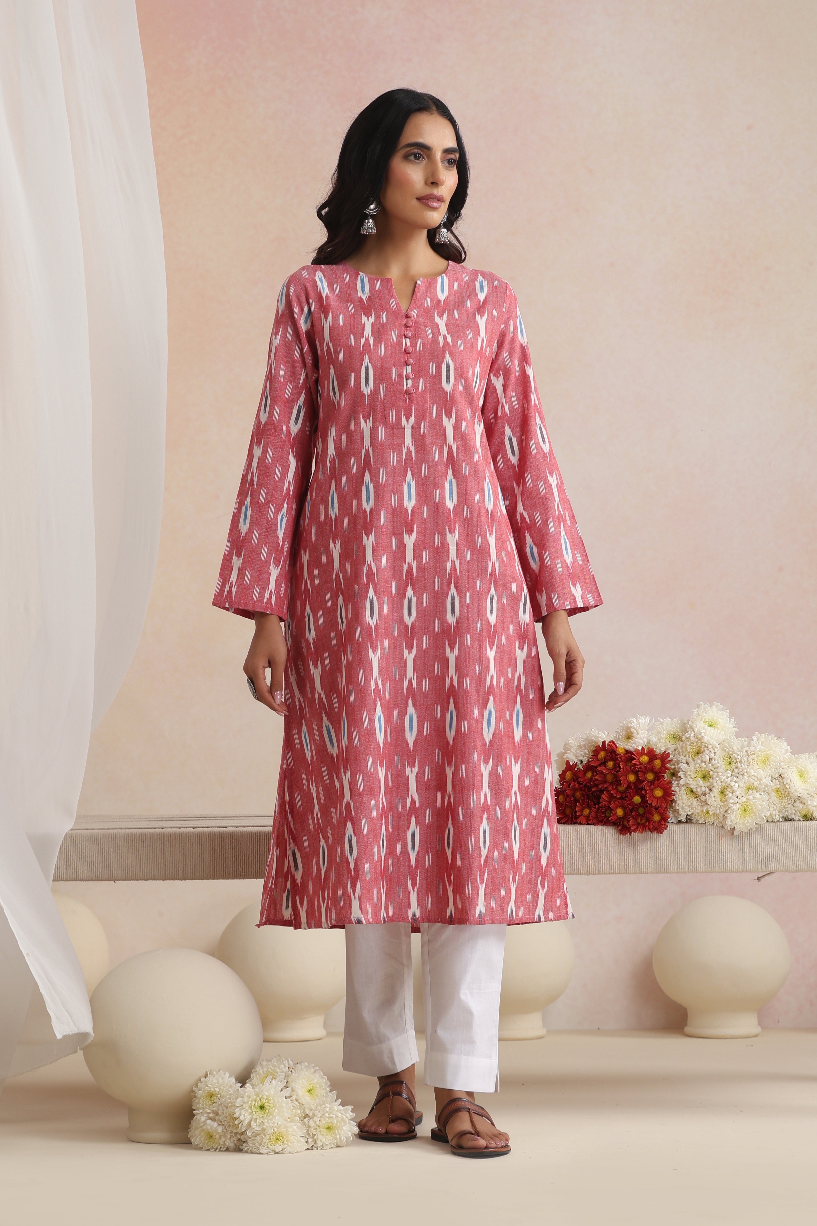 Red Carnelian Ikat Handloom Cotton Kurta