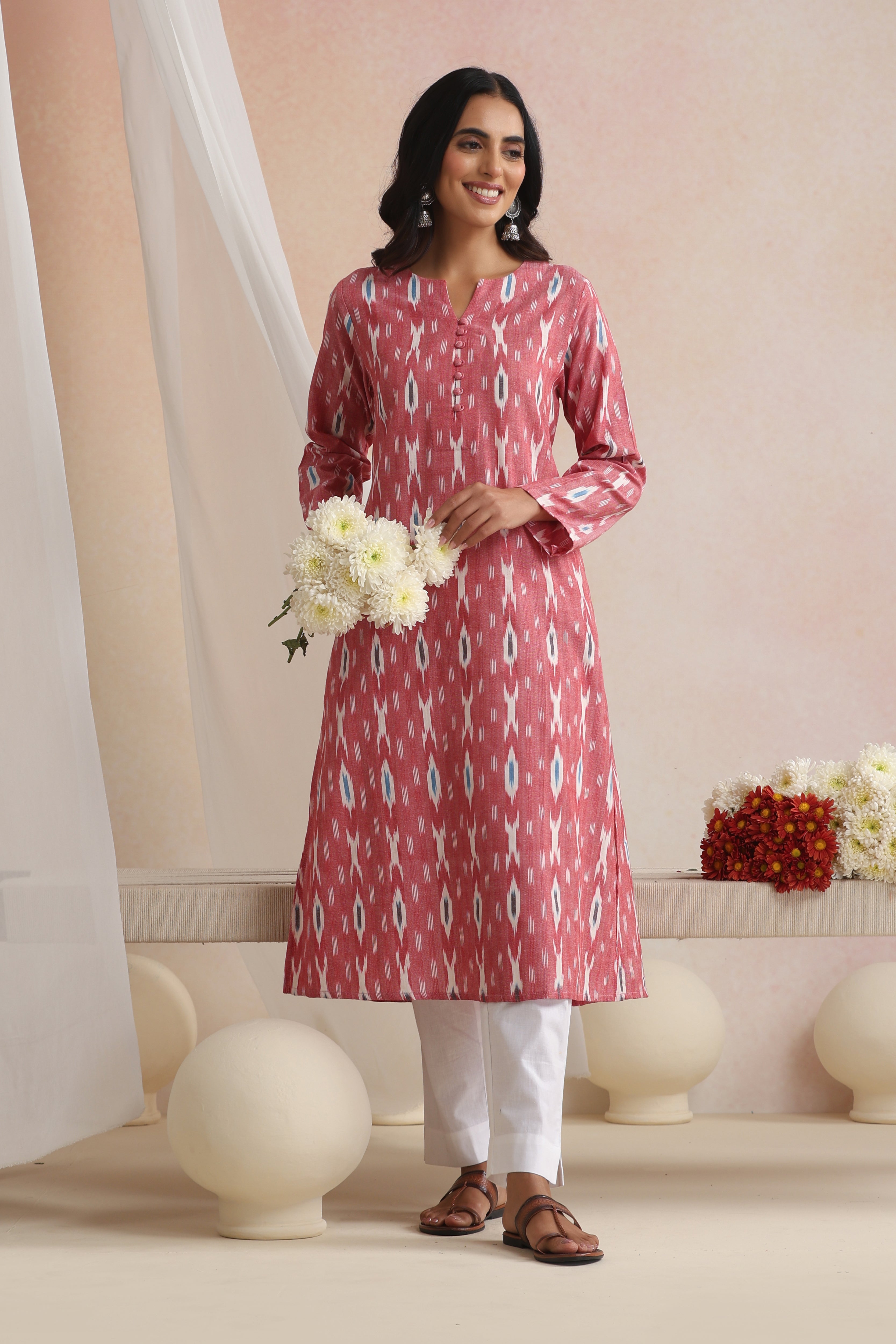 Red Carnelian Ikat Handloom Cotton Kurta Set of 2