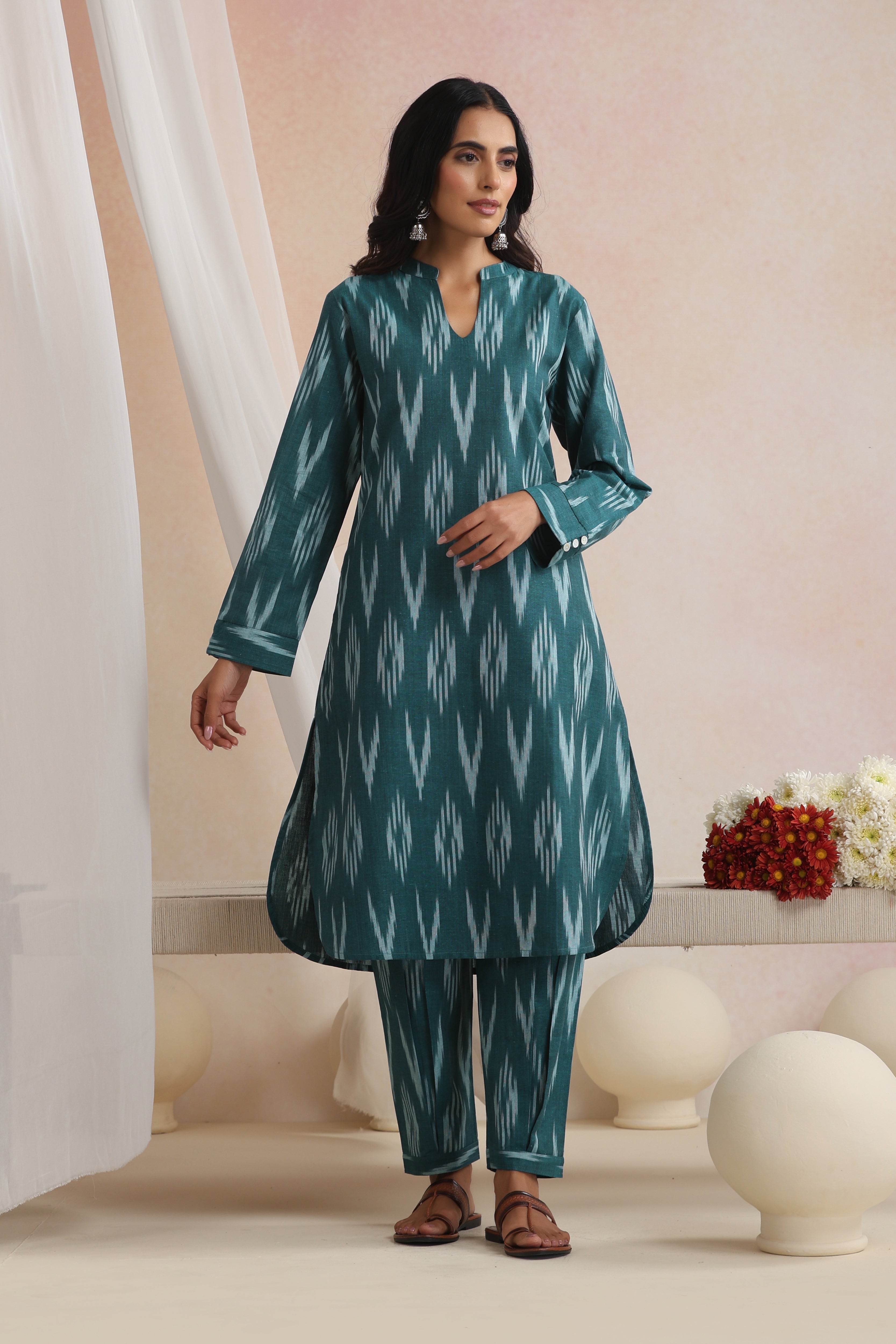 Green Liora Ikat Handloom Cotton Kurta Set of 2