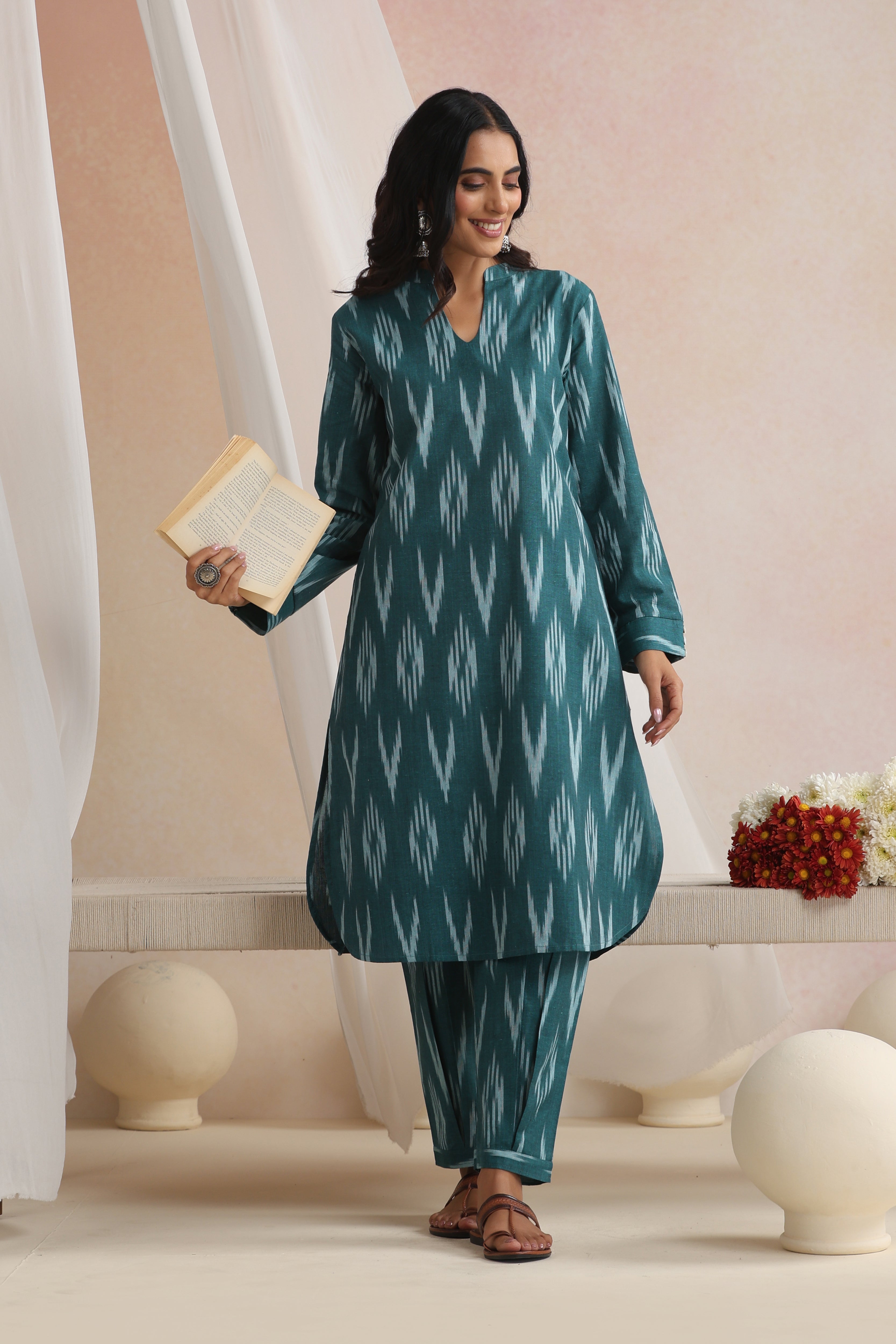 Green Liora Ikat Handloom Cotton Kurta Set of 2