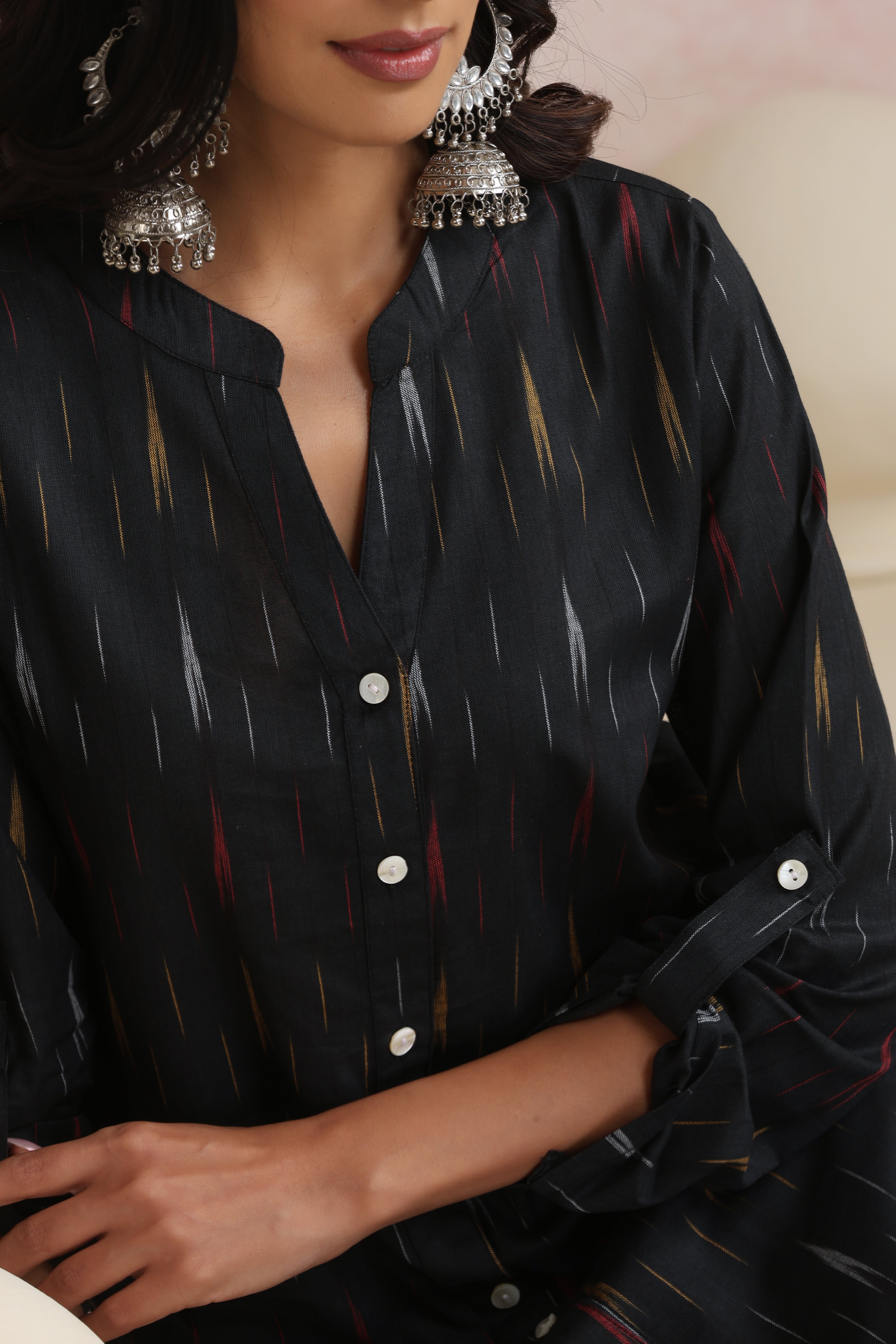 Black Eliza Ikat Handloom Cotton Kurta Set of 2