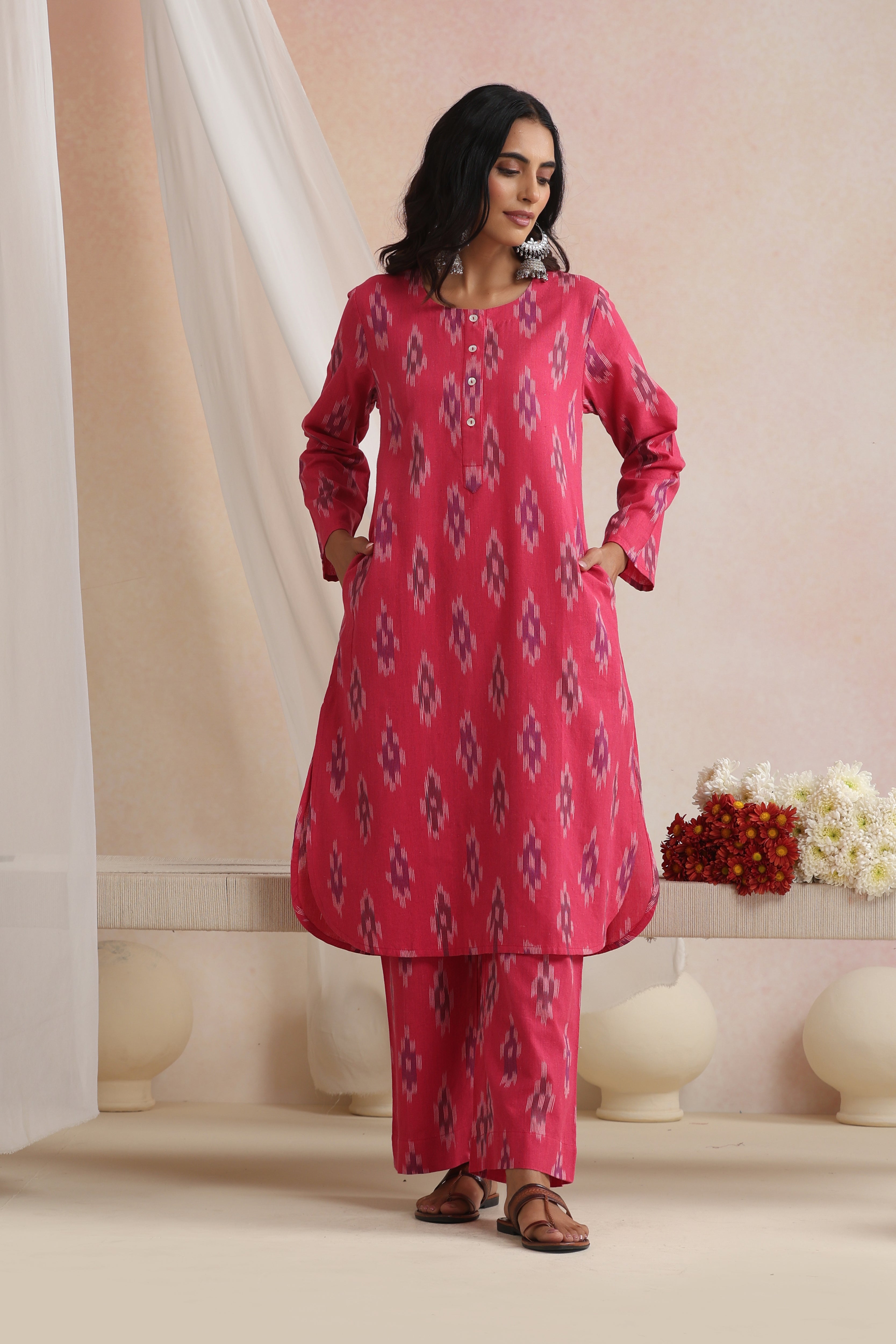 Pink Prisha Ikat Handloom Cotton Kurta Set of 2
