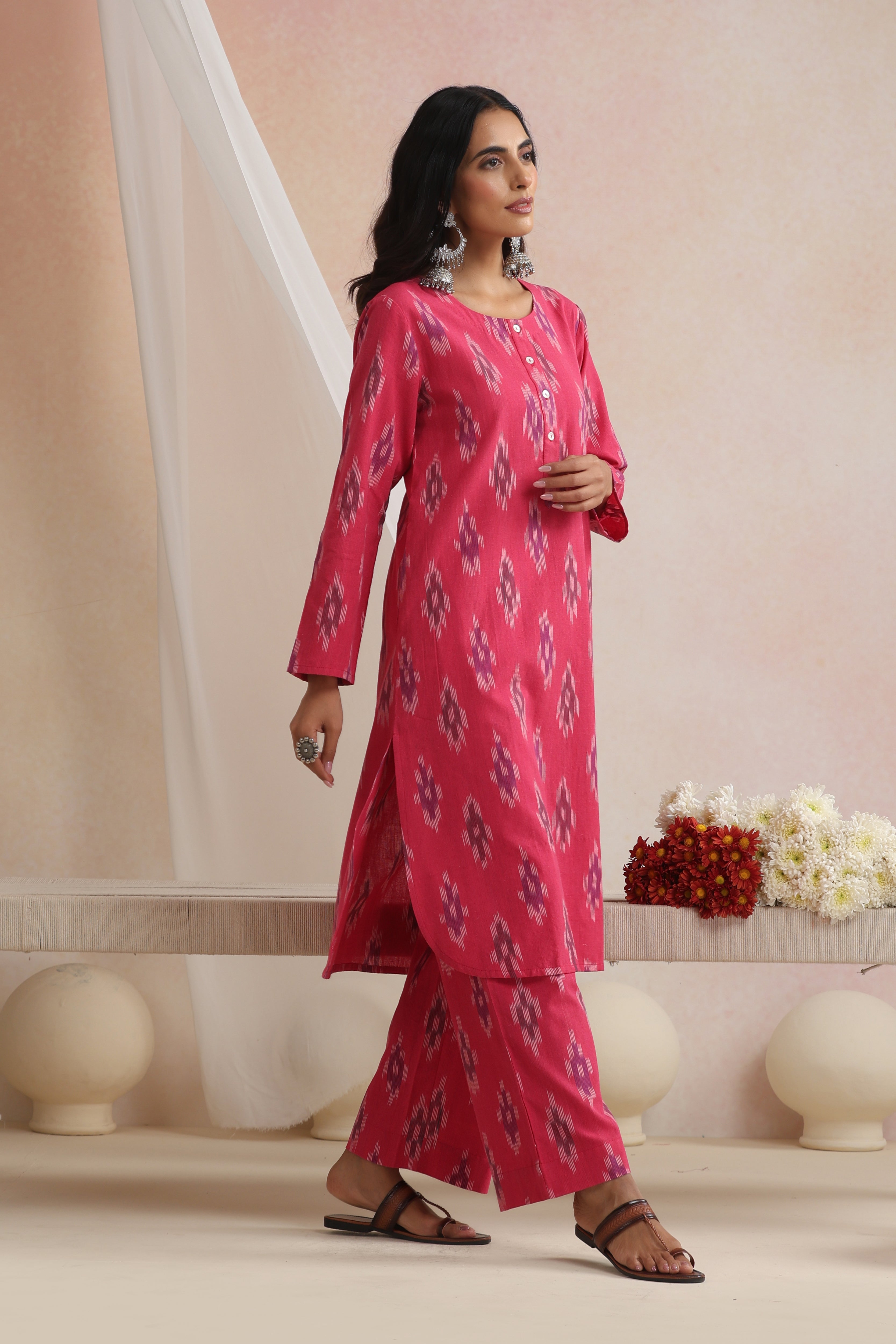 Pink Prisha Ikat Handloom Cotton Kurta Set of 2